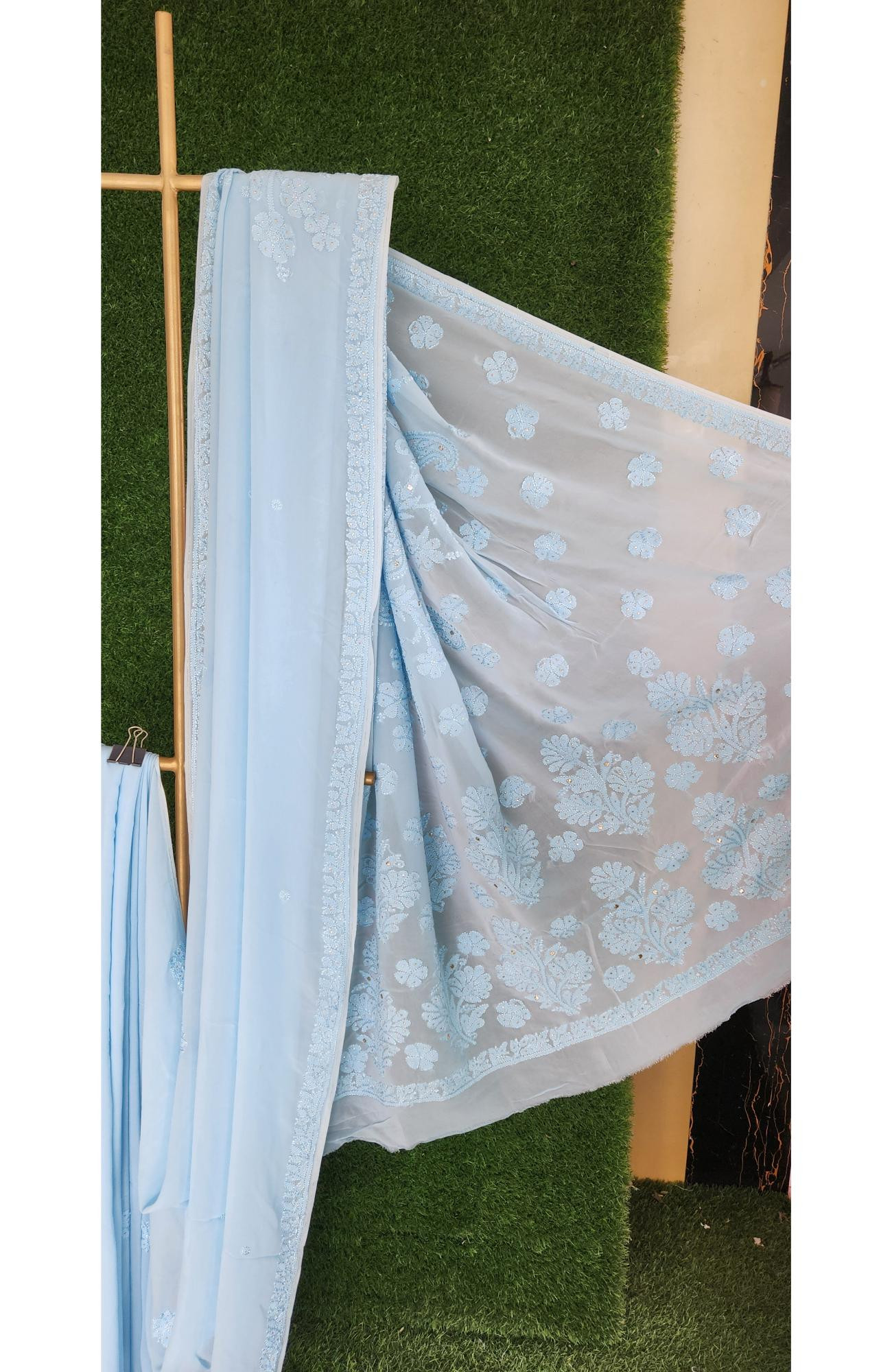 Light Blue Pure Georgette Chikankari Saree
