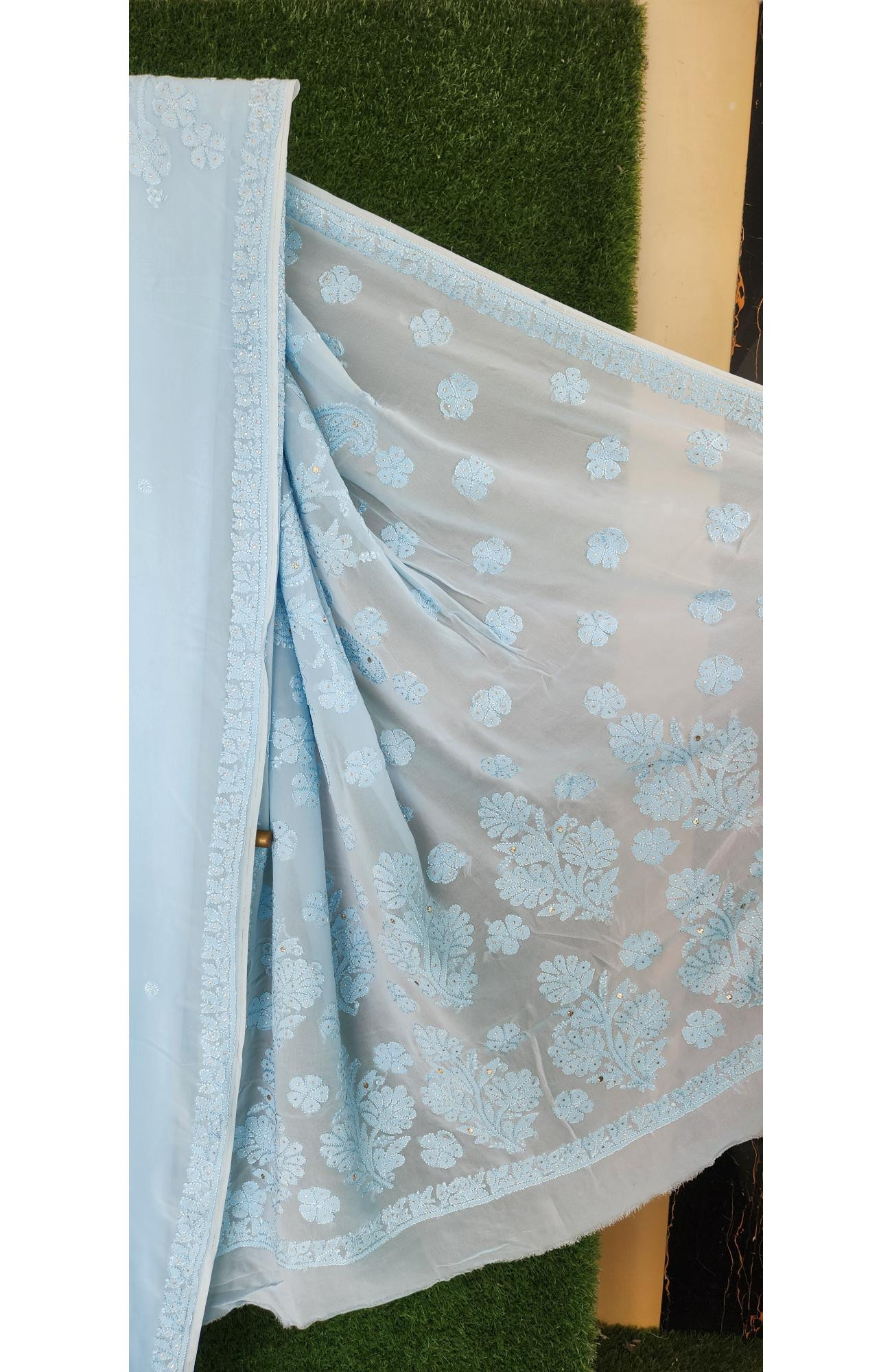 Light Blue Pure Georgette Chikankari Saree
