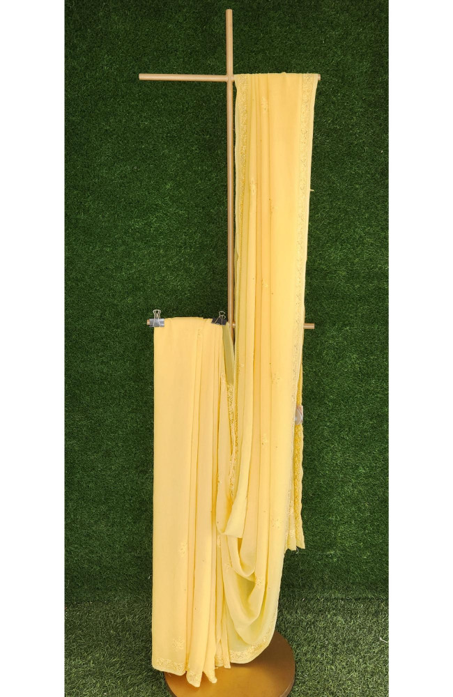 Image of Yellow Pure Georgette Chikankari Saree