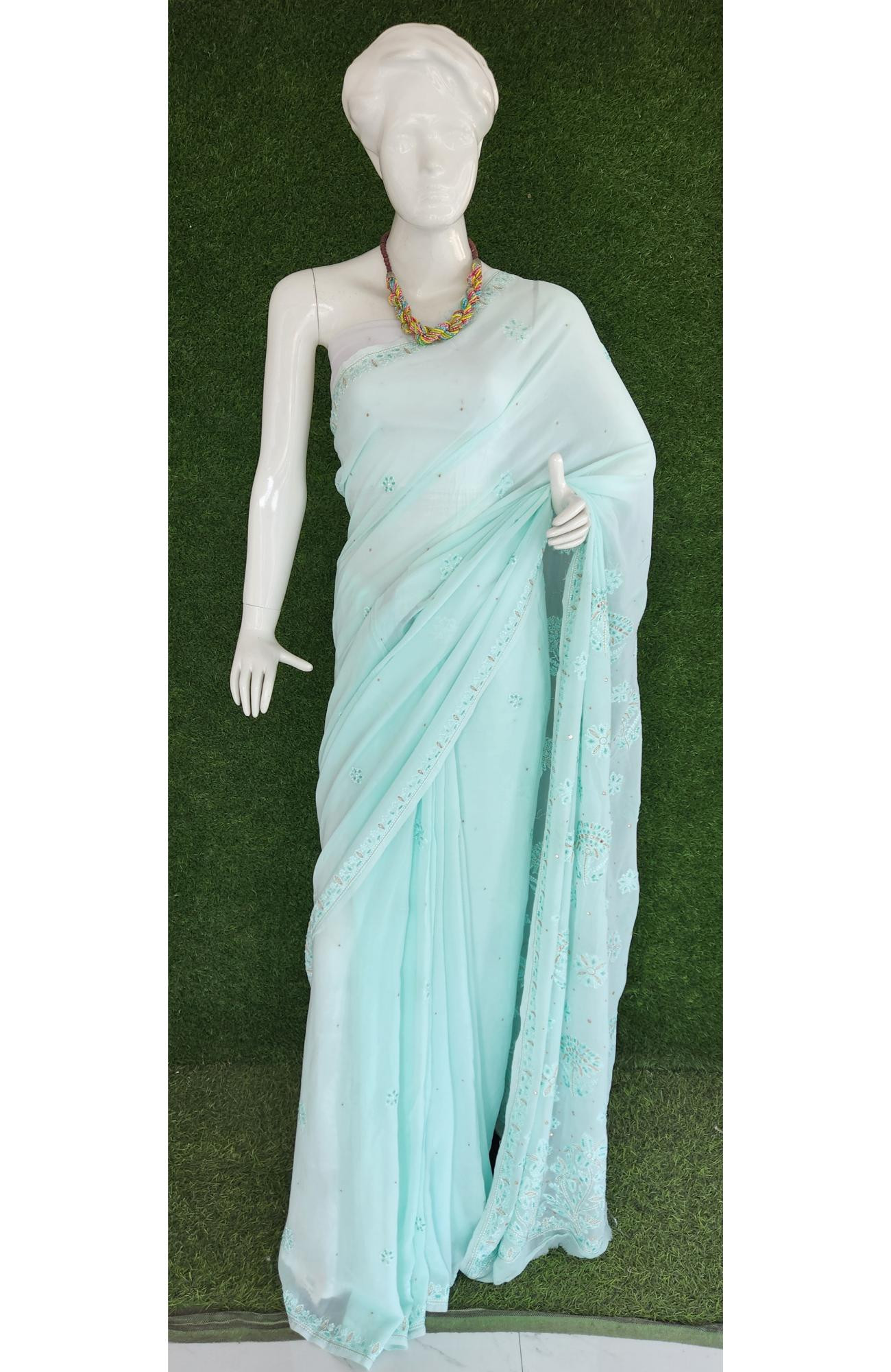 Sea Green Pure Georgette Chikankari Saree