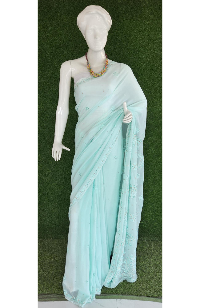 Image of Sea Green Pure Georgette Chikankari Saree