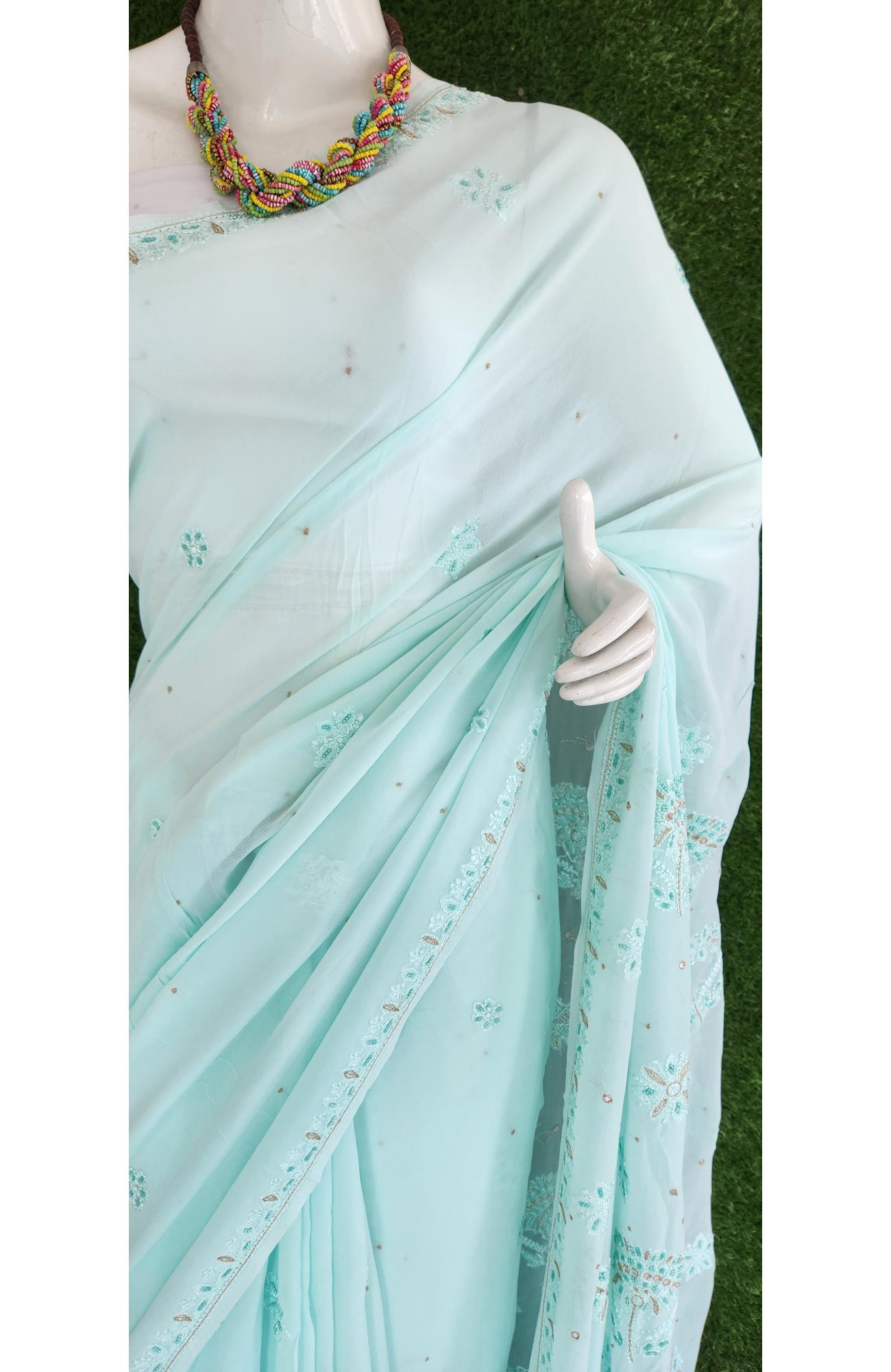 Sea Green Pure Georgette Chikankari Saree