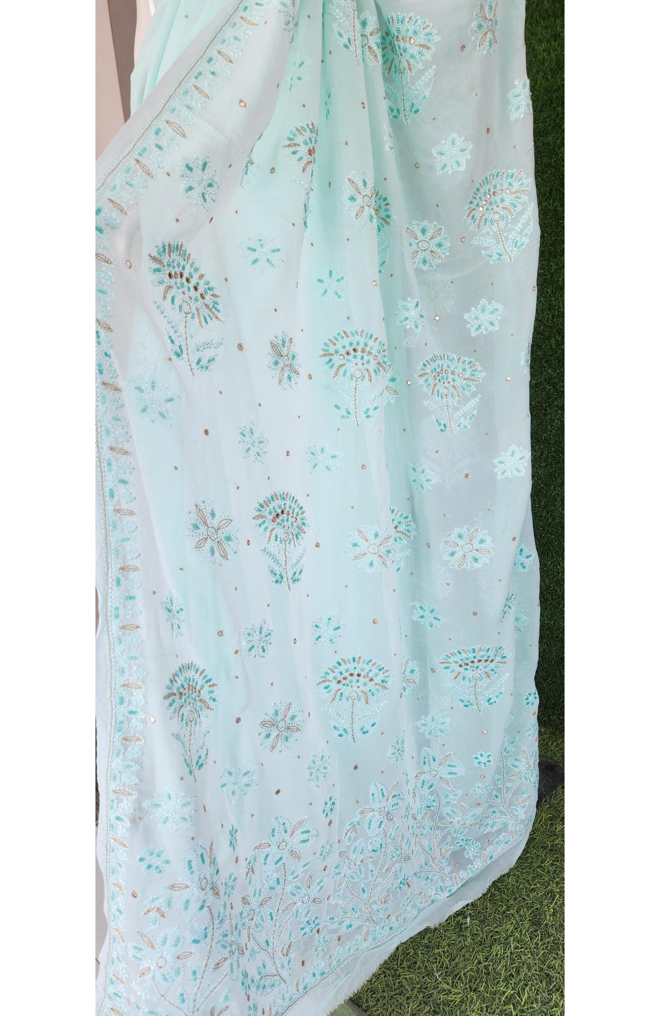 Sea Green Pure Georgette Chikankari Saree