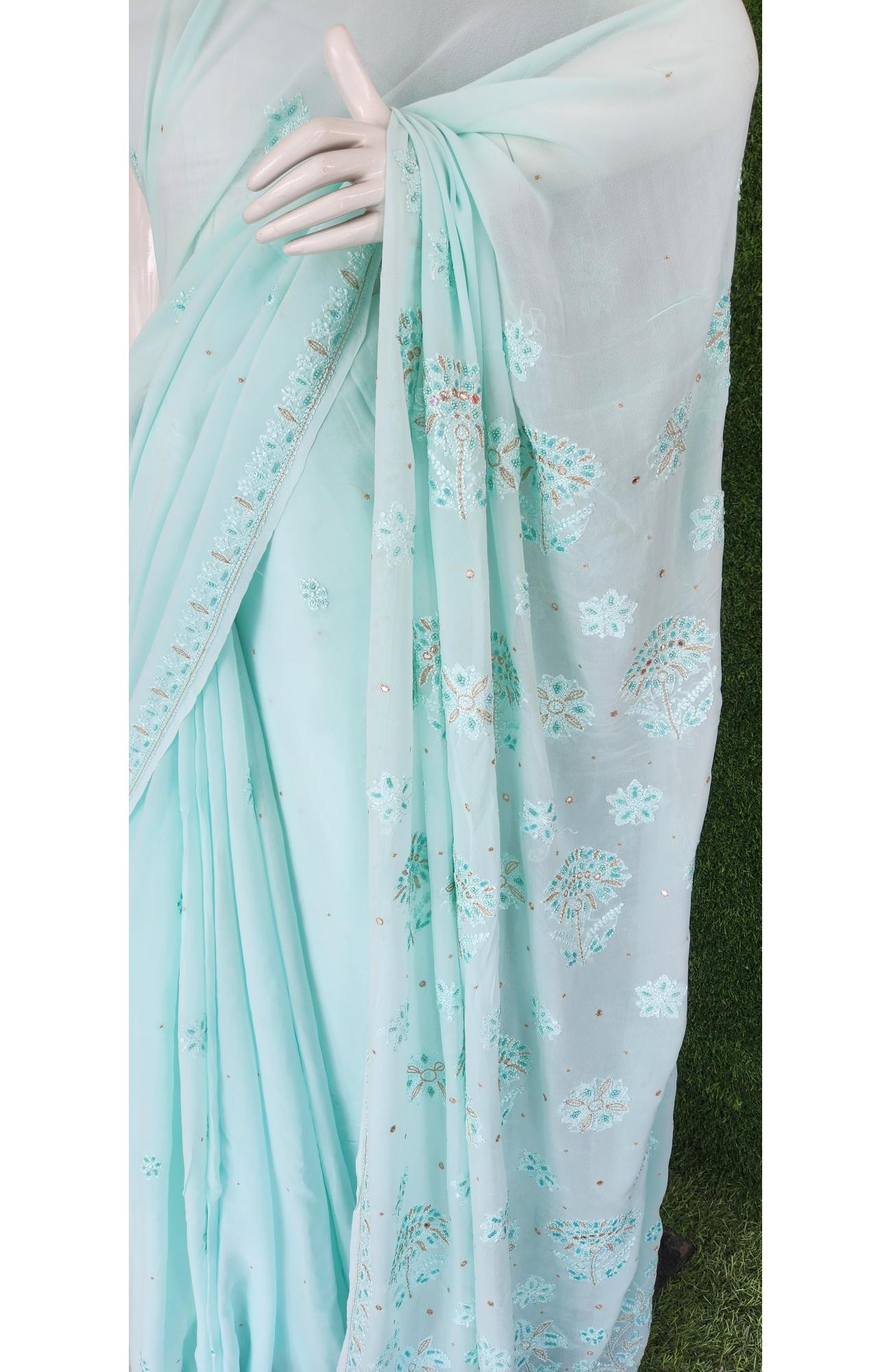 Sea Green Pure Georgette Chikankari Saree