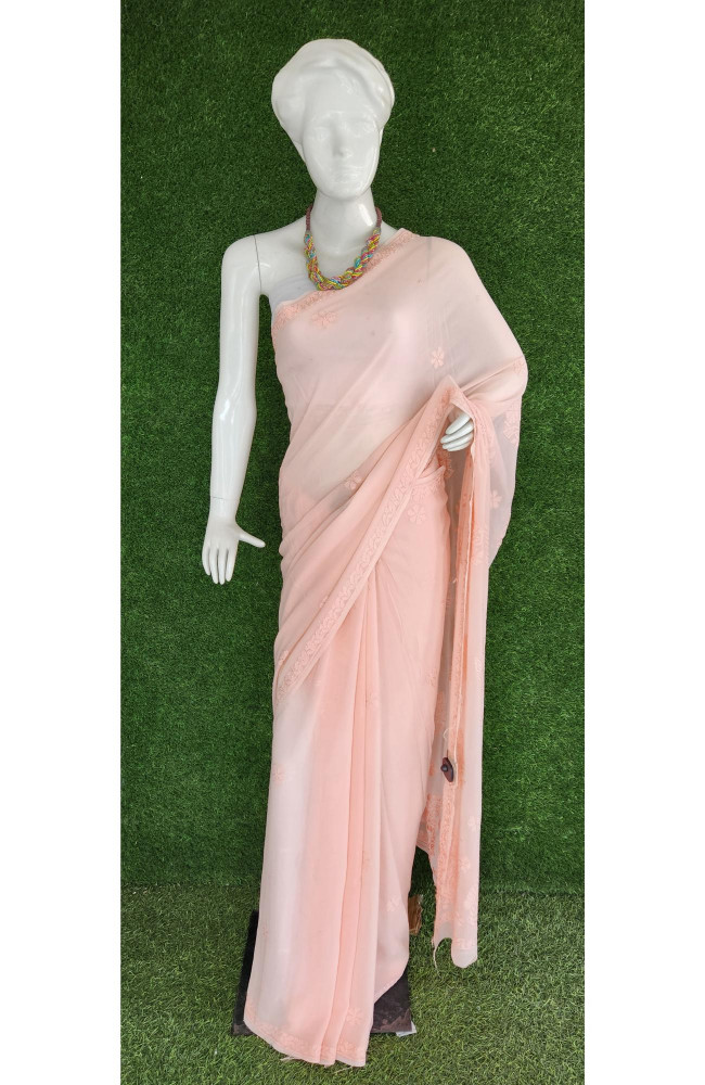 Image of Peach Pure Georgette Chikankari Saree