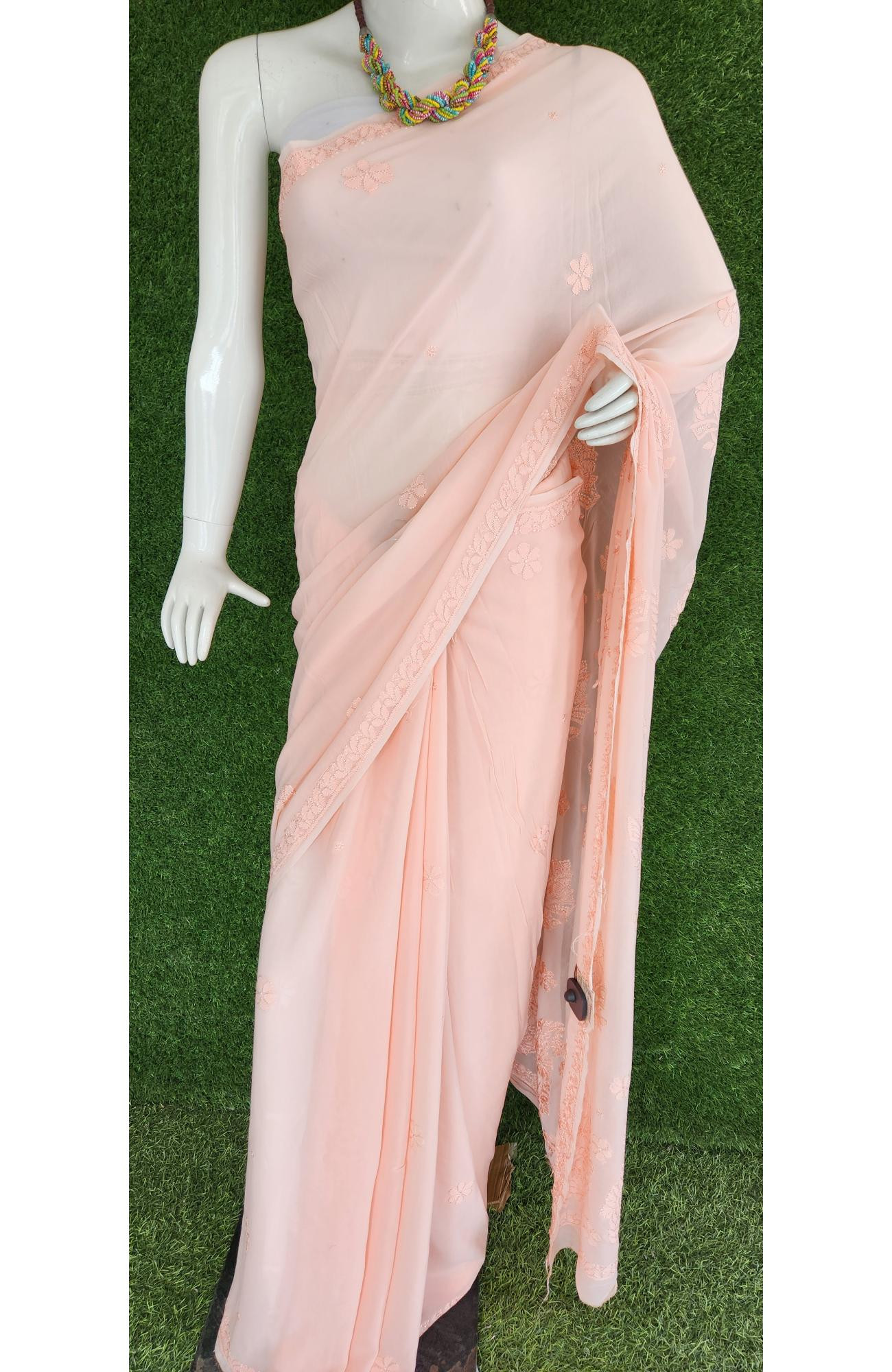 Peach Pure Georgette Chikankari Saree