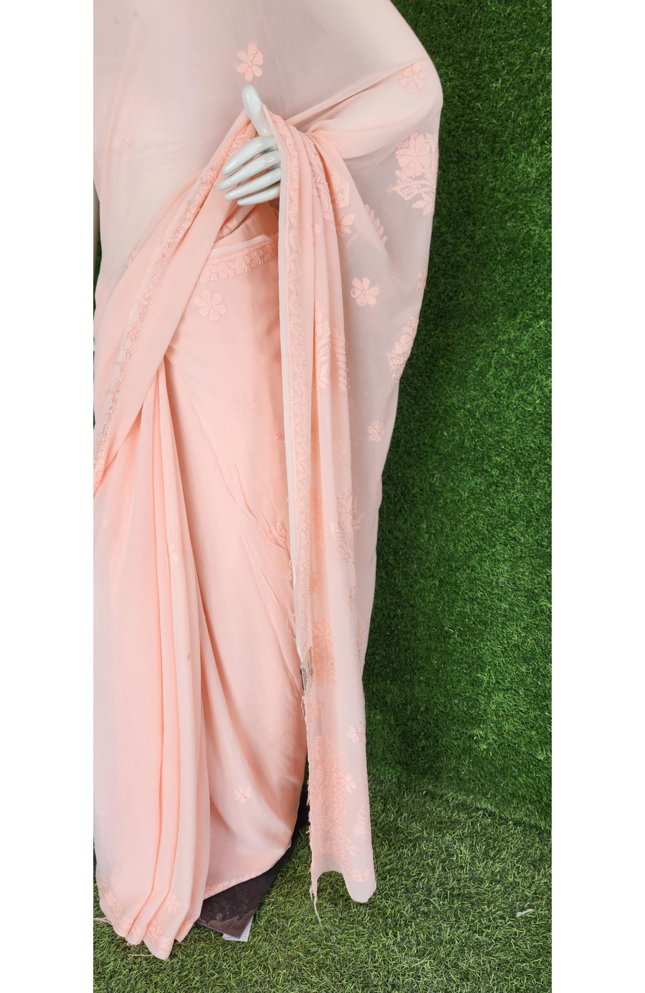 Peach Pure Georgette Chikankari Saree