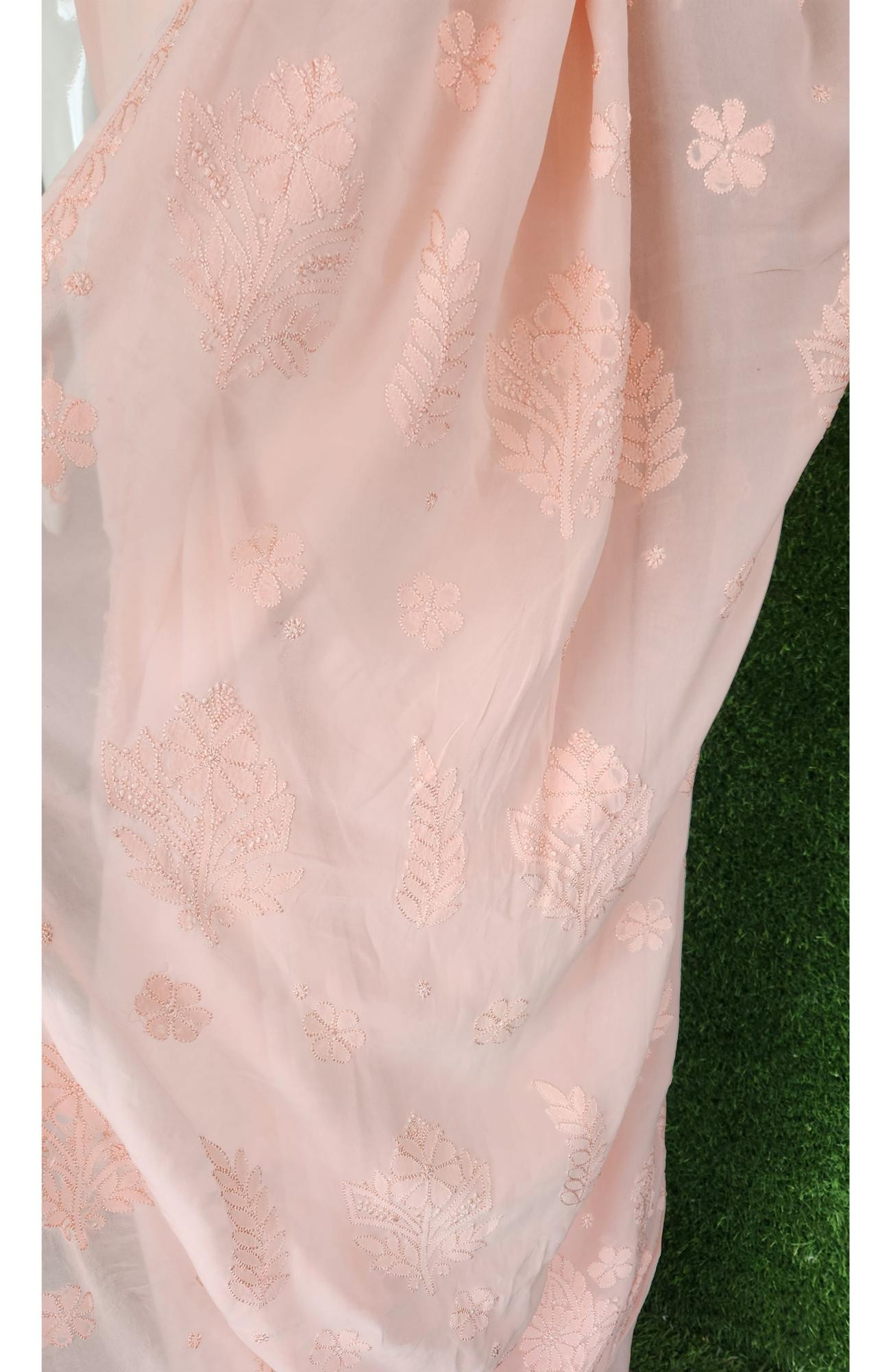 Peach Pure Georgette Chikankari Saree