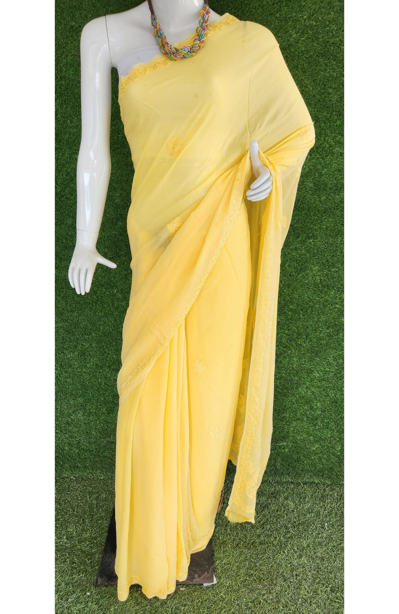 Yellow Pure Georgette Chikankari Saree