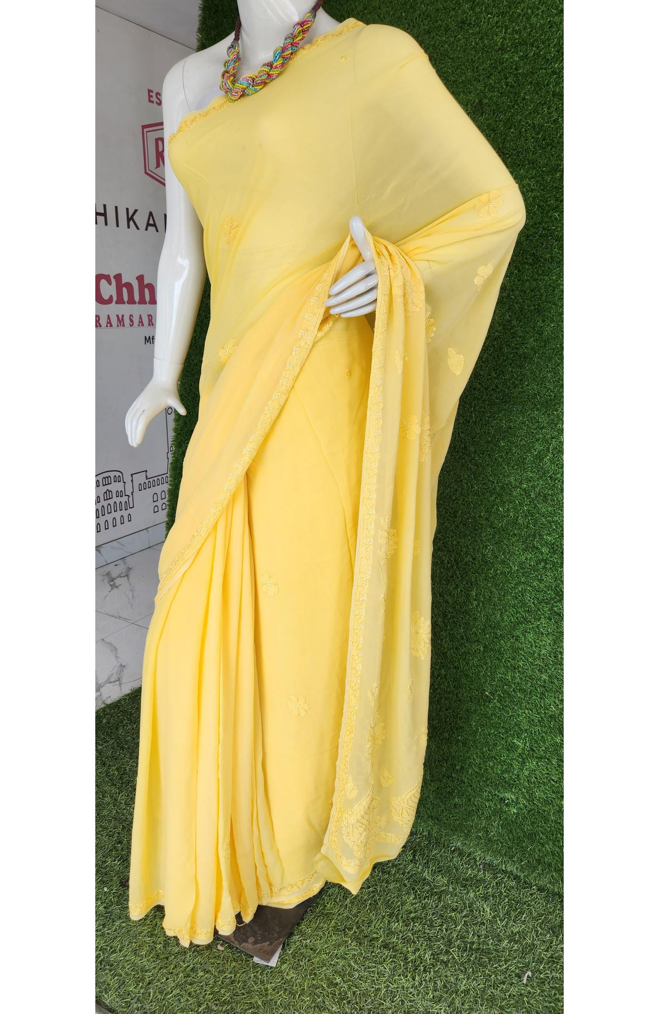 Yellow Pure Georgette Chikankari Saree