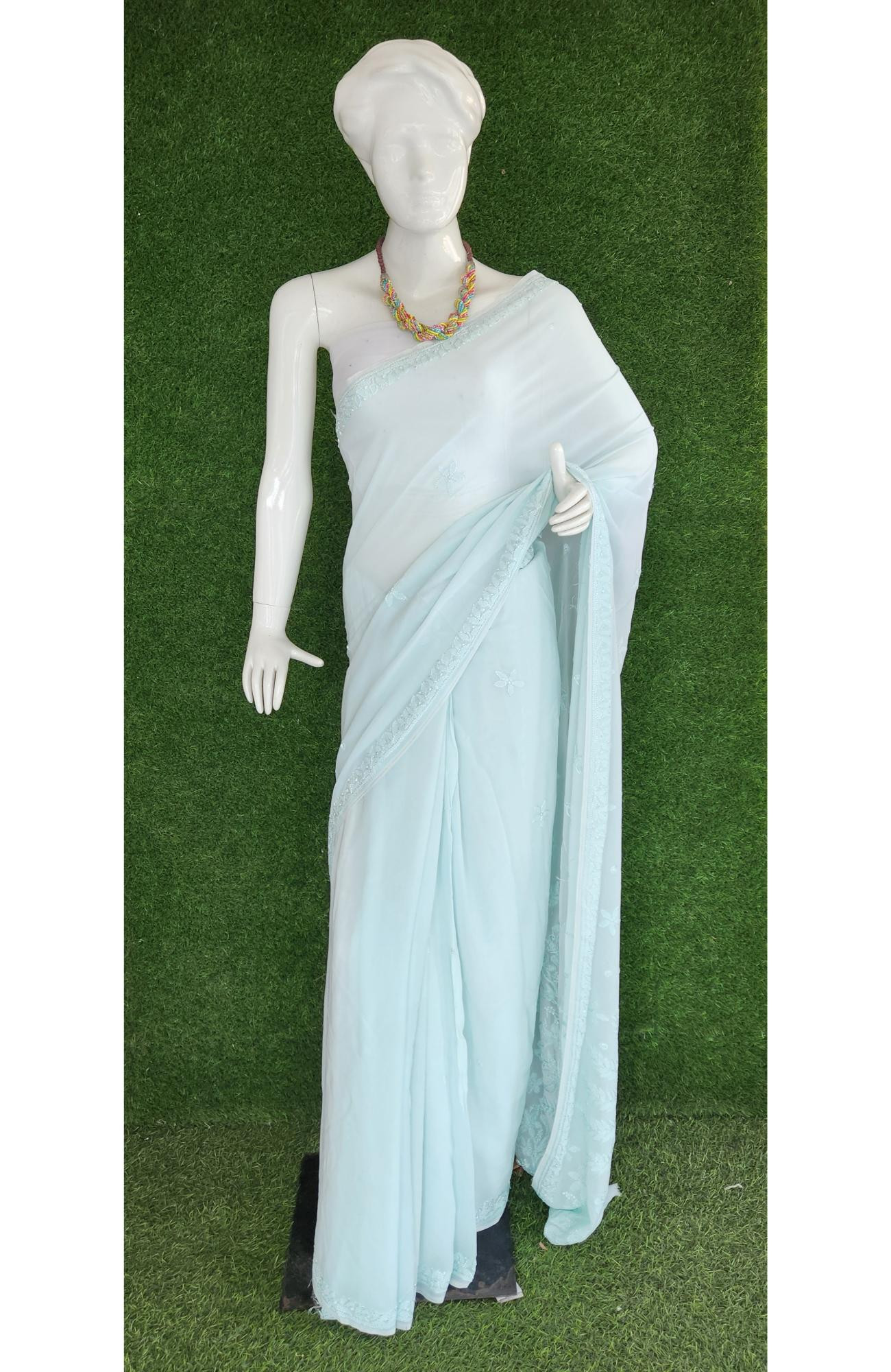 Sea Green Pure Georgette Chikankari Saree