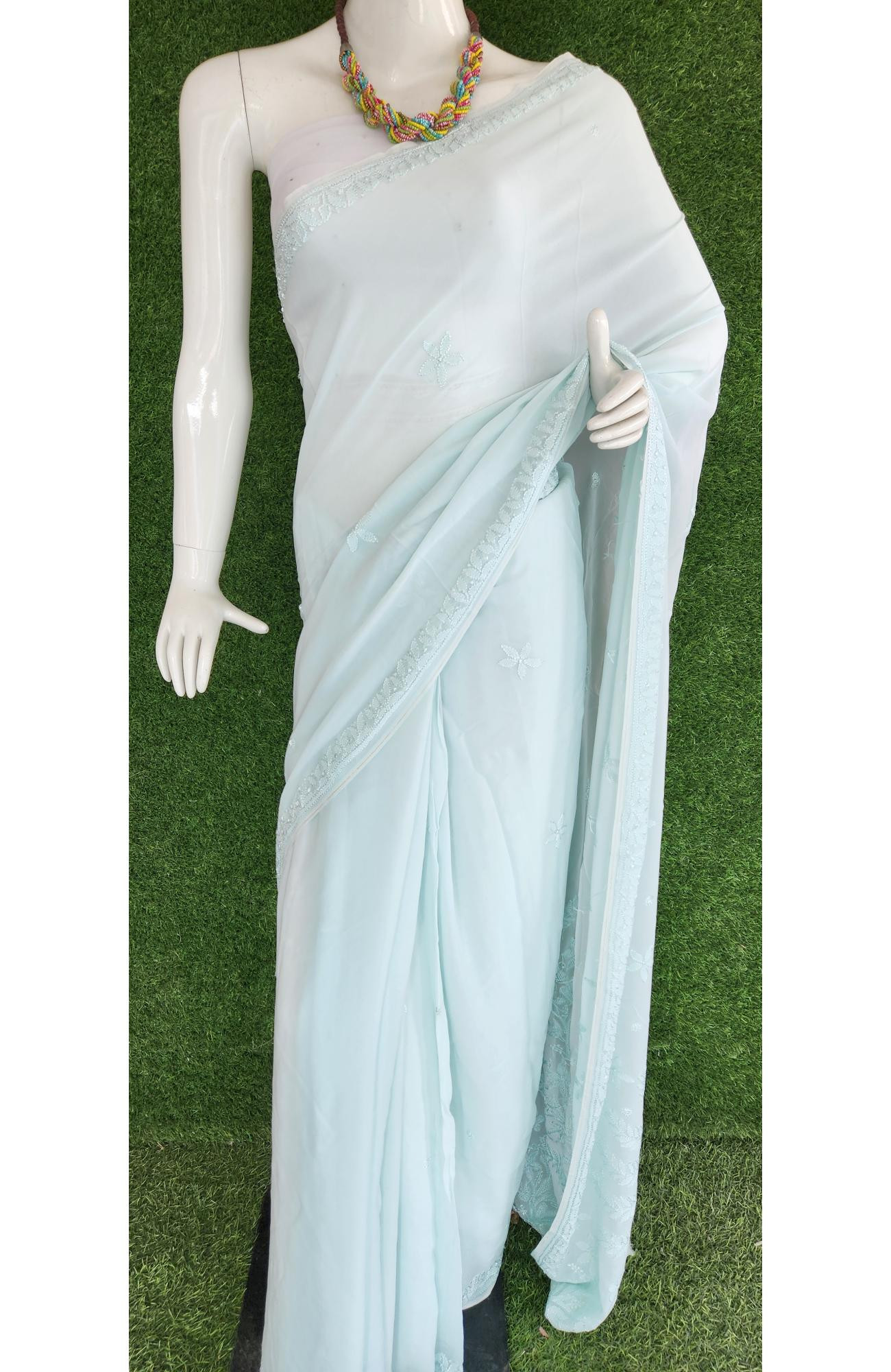 Sea Green Pure Georgette Chikankari Saree