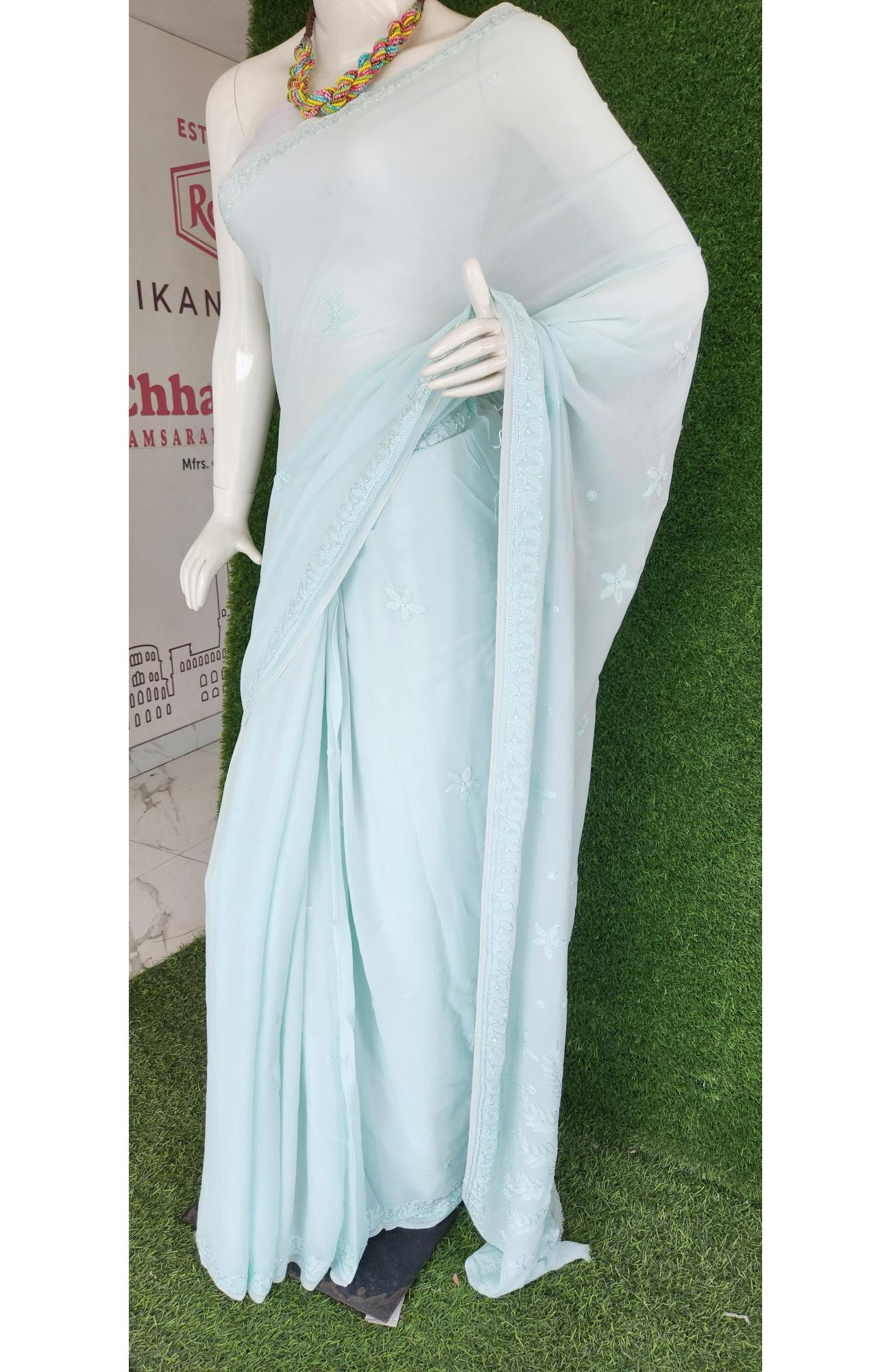 Sea Green Pure Georgette Chikankari Saree