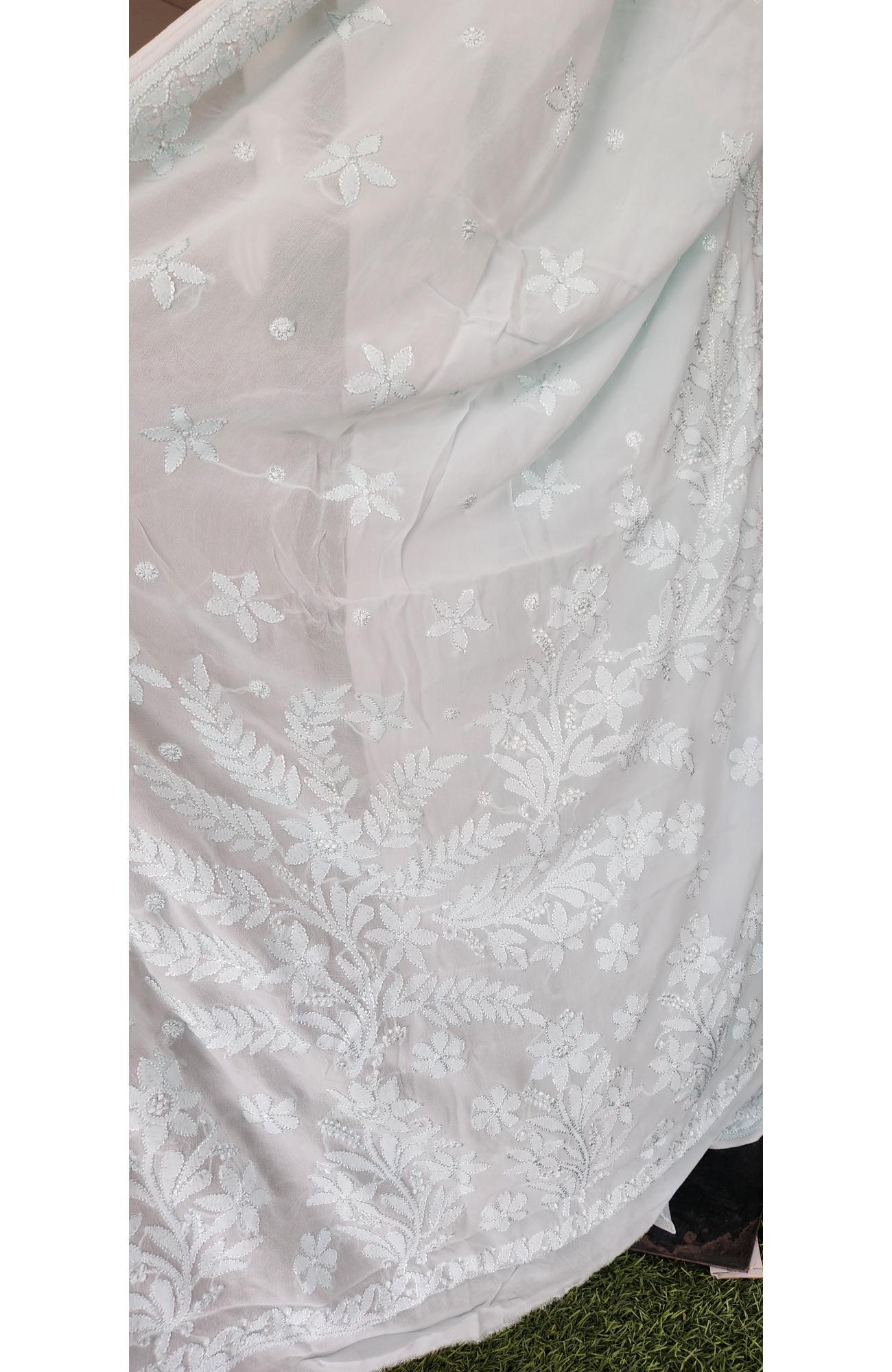 Sea Green Pure Georgette Chikankari Saree