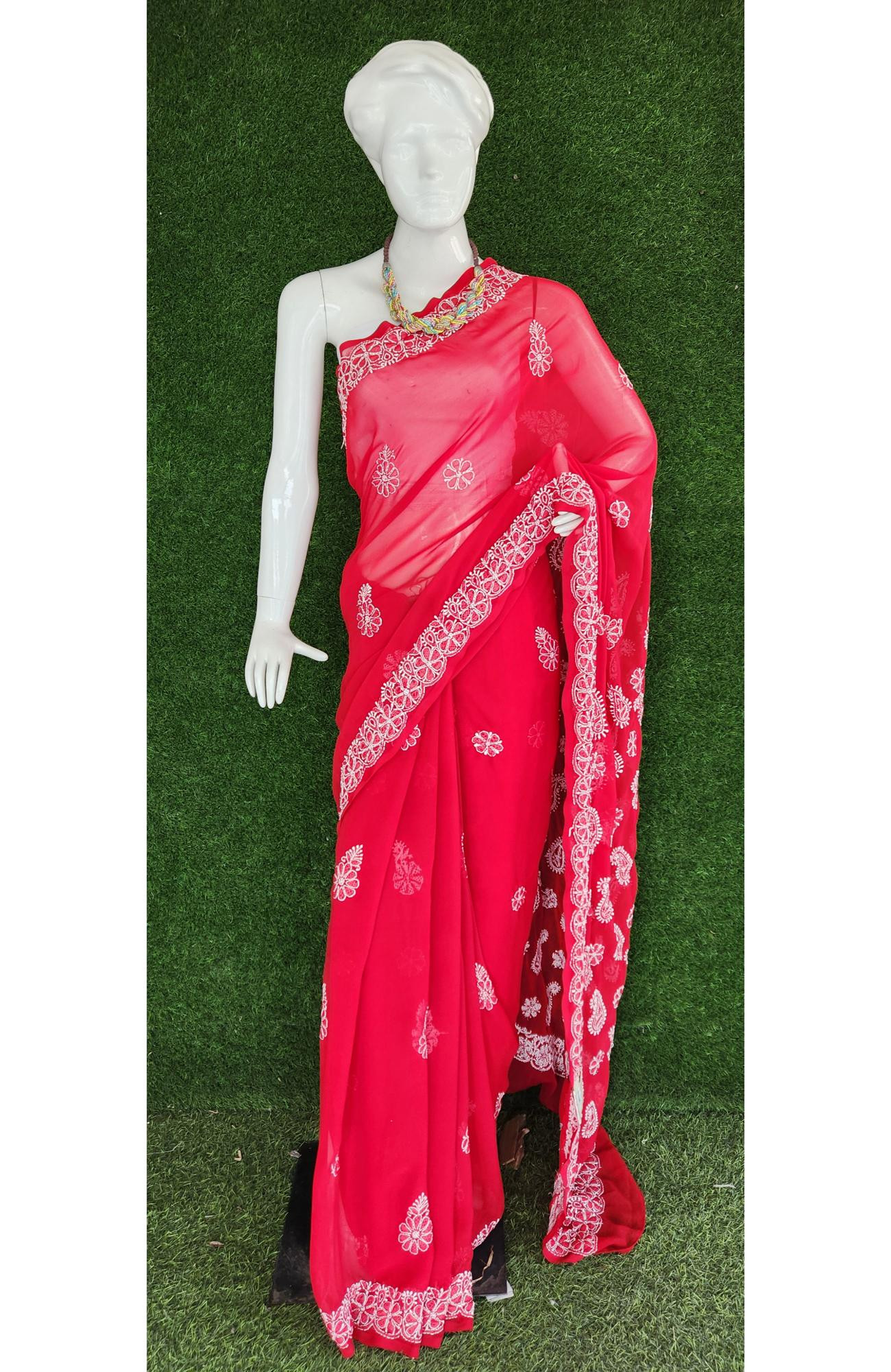 Red Faux Georgette Chikankari Saree – Handcrafted Lucknowi Elegance | Rohia By Chhangamal