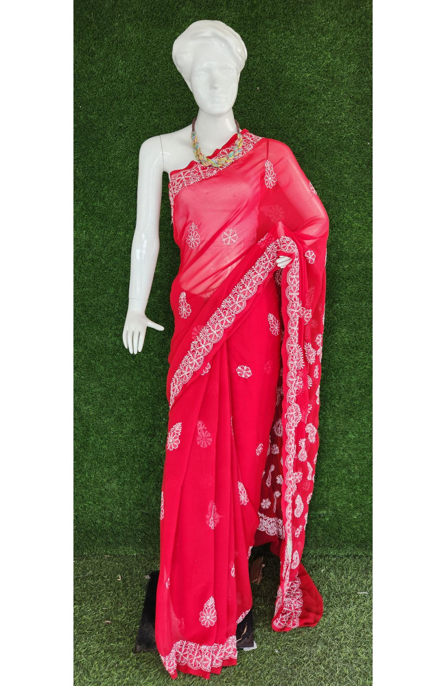 Image of Red Faux Georgette Chikankari Saree – Handcrafted Lucknowi Elegance | Rohia By Chhangamal