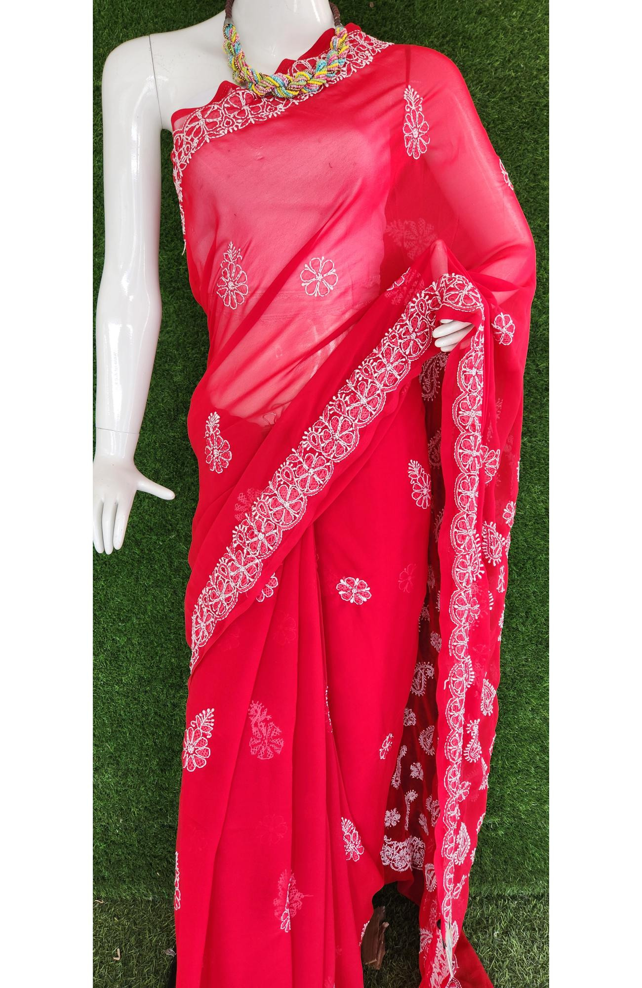 Red Faux Georgette Chikankari Saree – Handcrafted Lucknowi Elegance | Rohia By Chhangamal