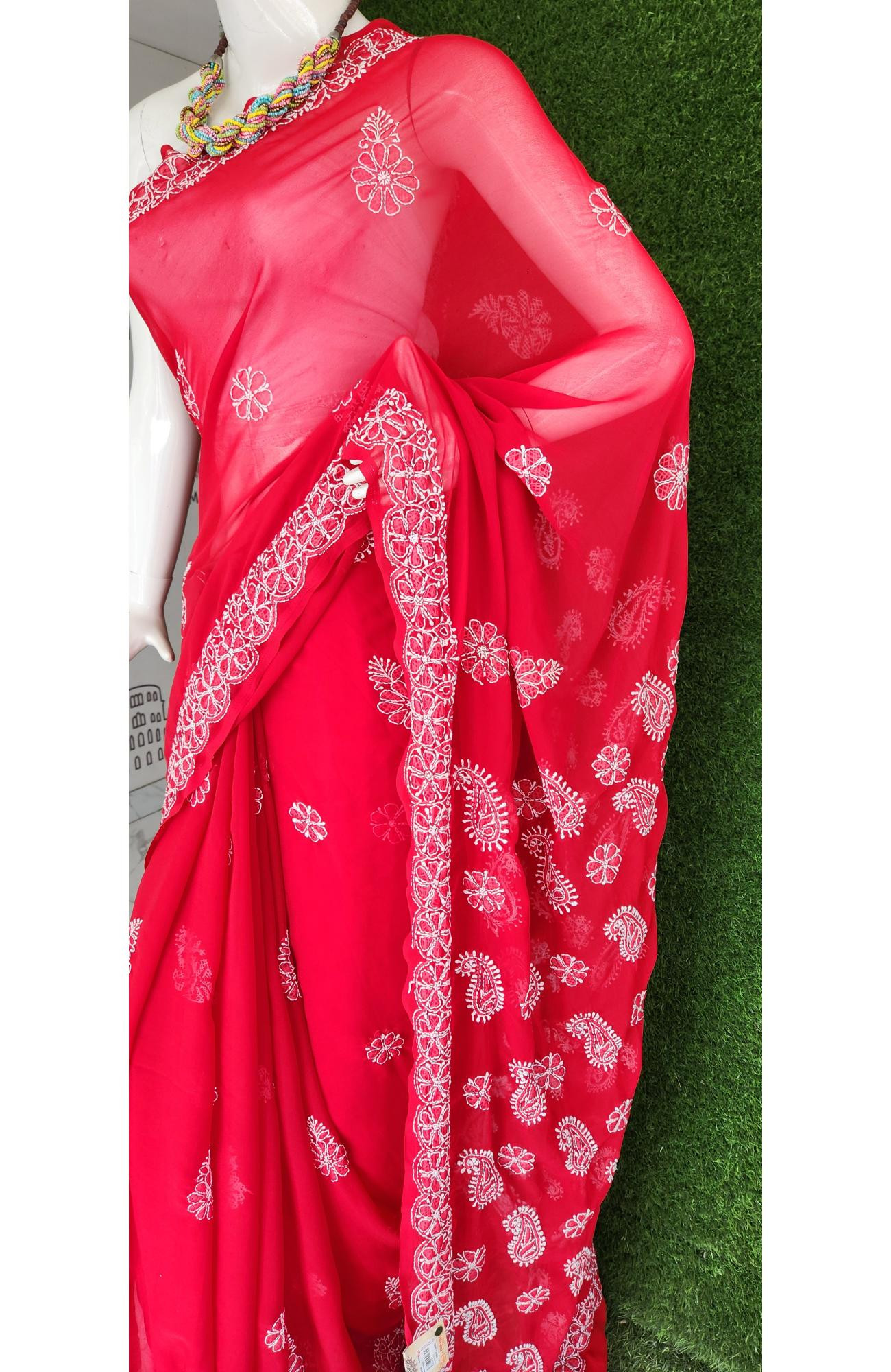Red Faux Georgette Chikankari Saree – Handcrafted Lucknowi Elegance | Rohia By Chhangamal