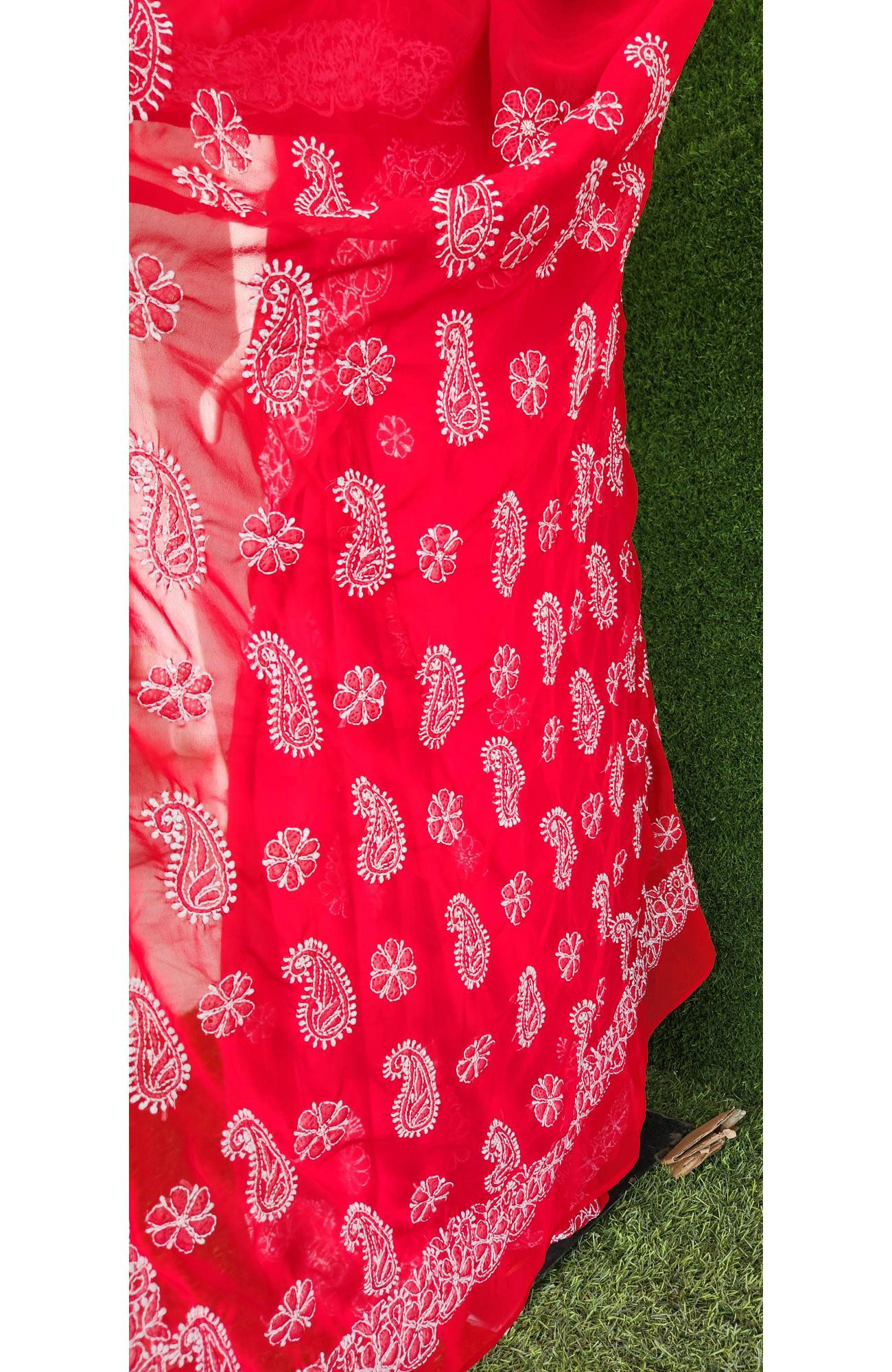 Red Faux Georgette Chikankari Saree – Handcrafted Lucknowi Elegance | Rohia By Chhangamal
