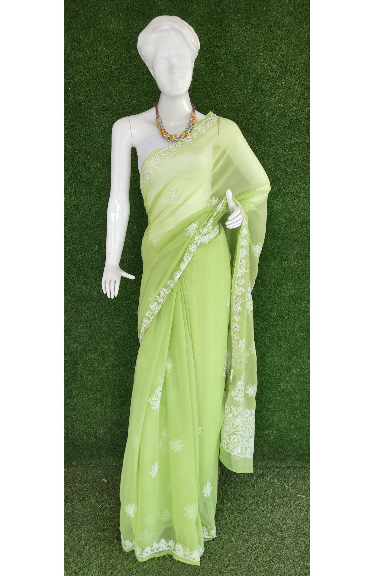 Green Faux Georgette Chikankari Saree