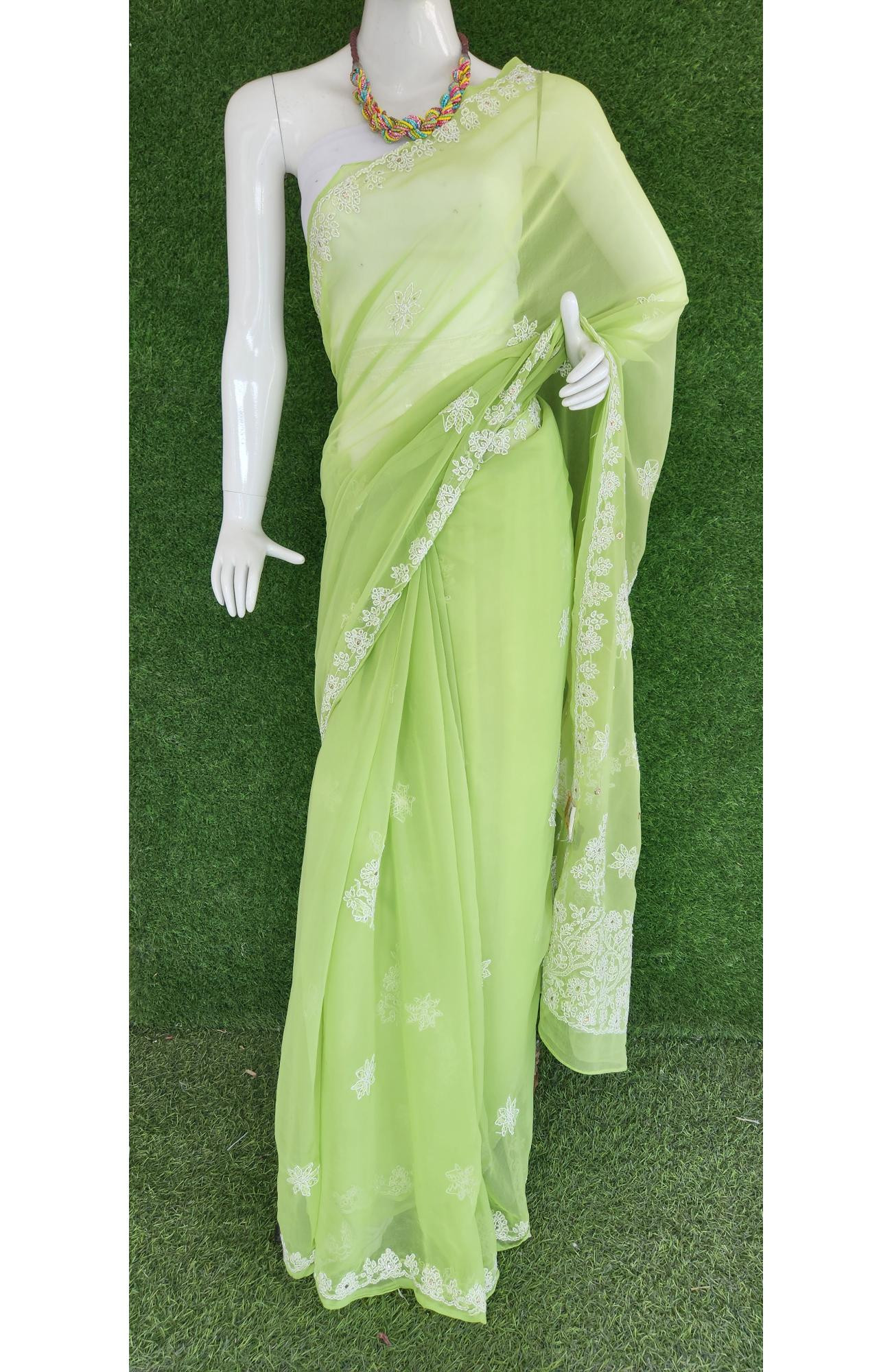 Green Faux Georgette Chikankari Saree