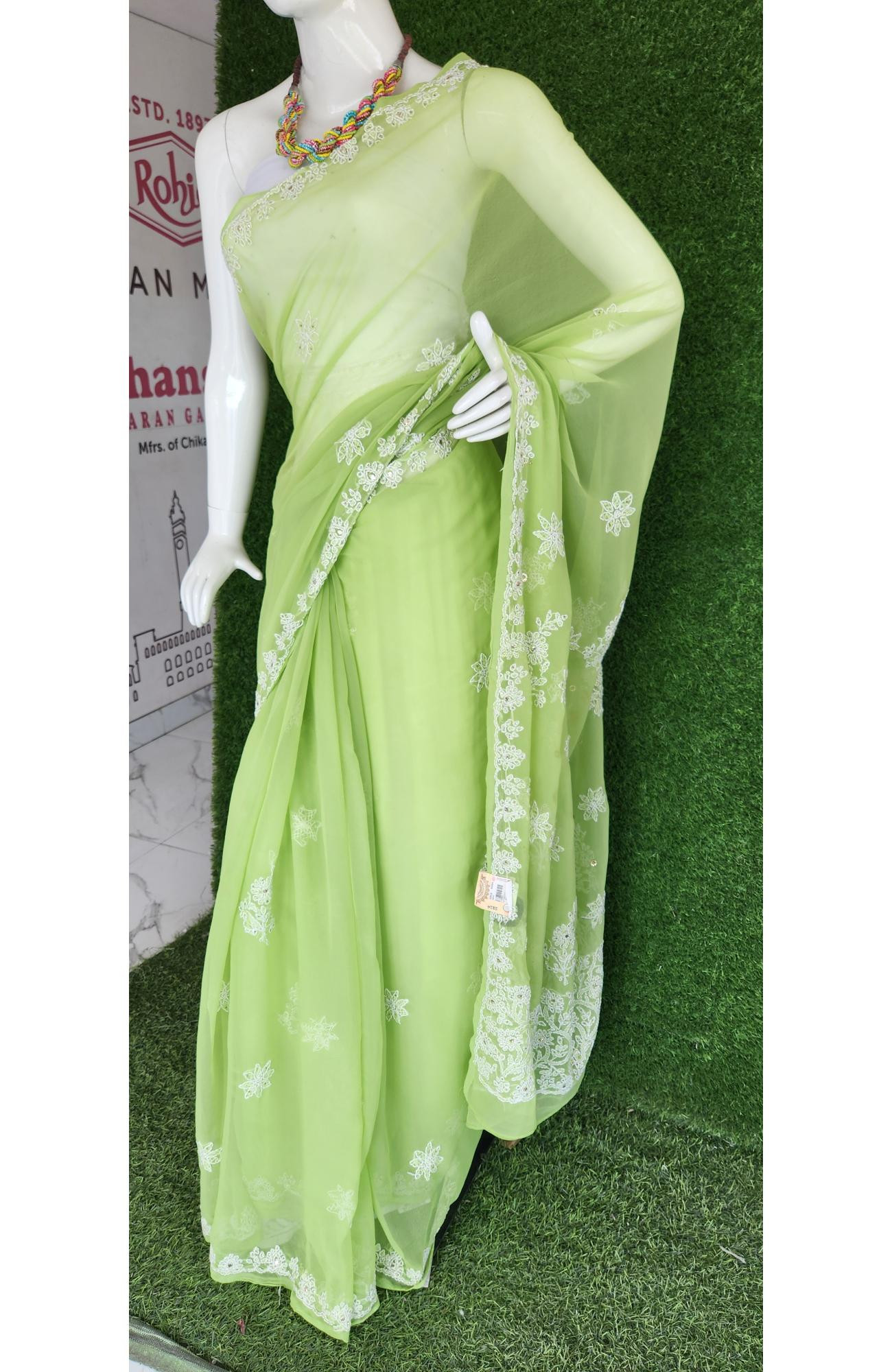 Green Faux Georgette Chikankari Saree