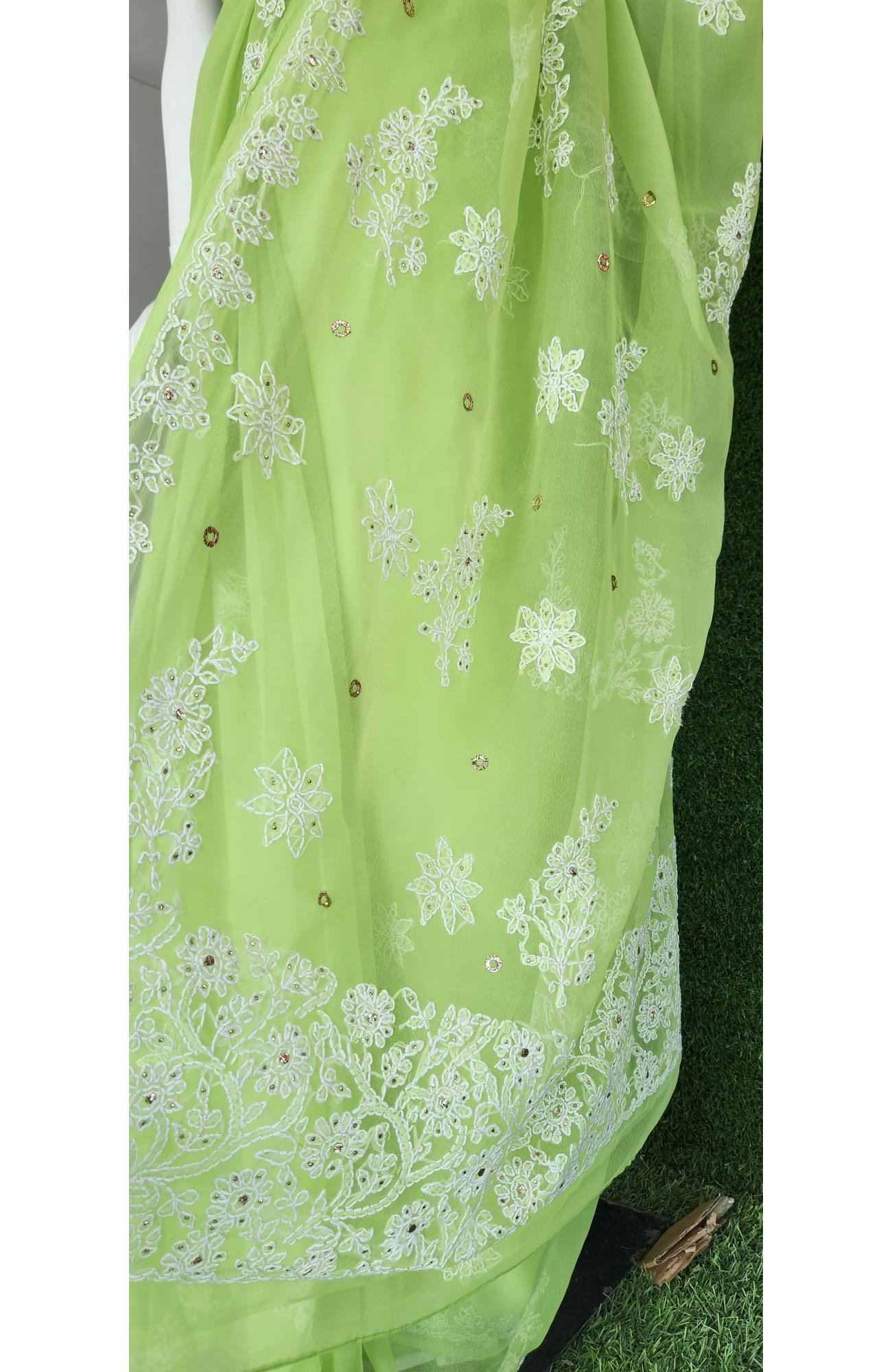 Green Faux Georgette Chikankari Saree