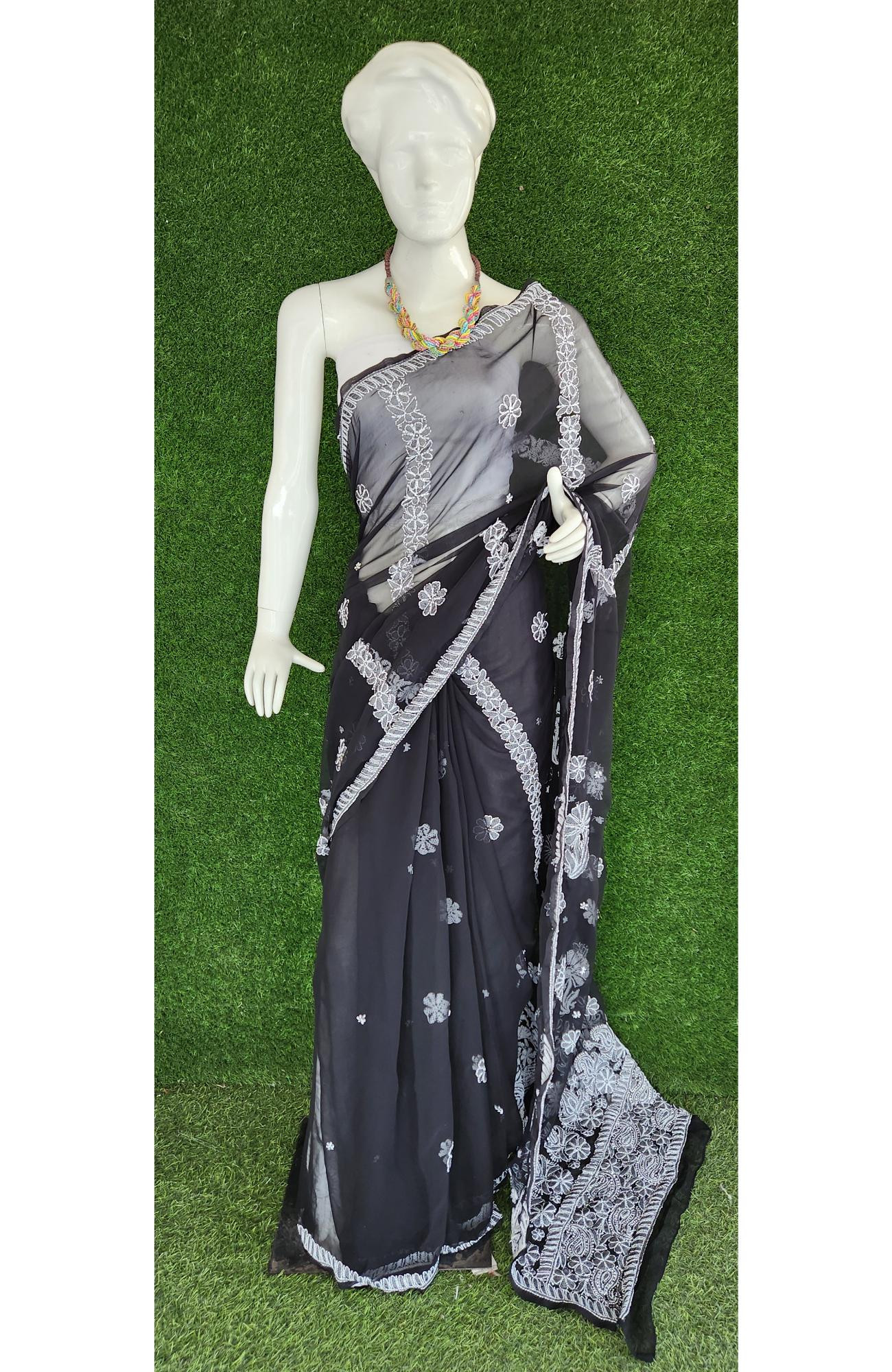Black Faux Georgette Chikankari Saree – Hand Embroidered Lucknowi Elegance | Rohia By Chhangamal