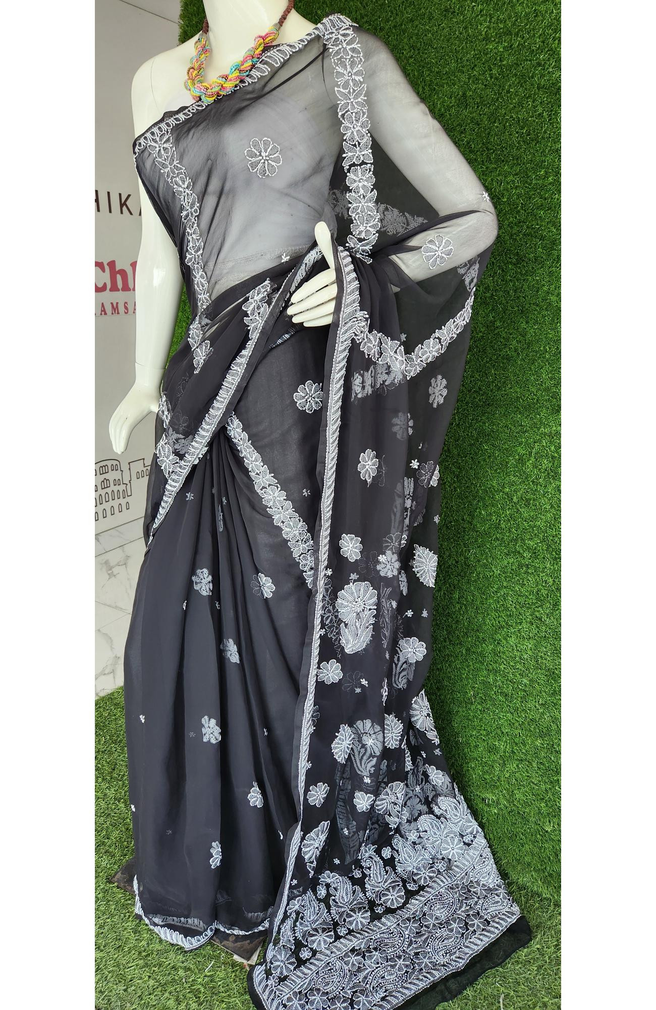 Black Faux Georgette Chikankari Saree – Hand Embroidered Lucknowi Elegance | Rohia By Chhangamal