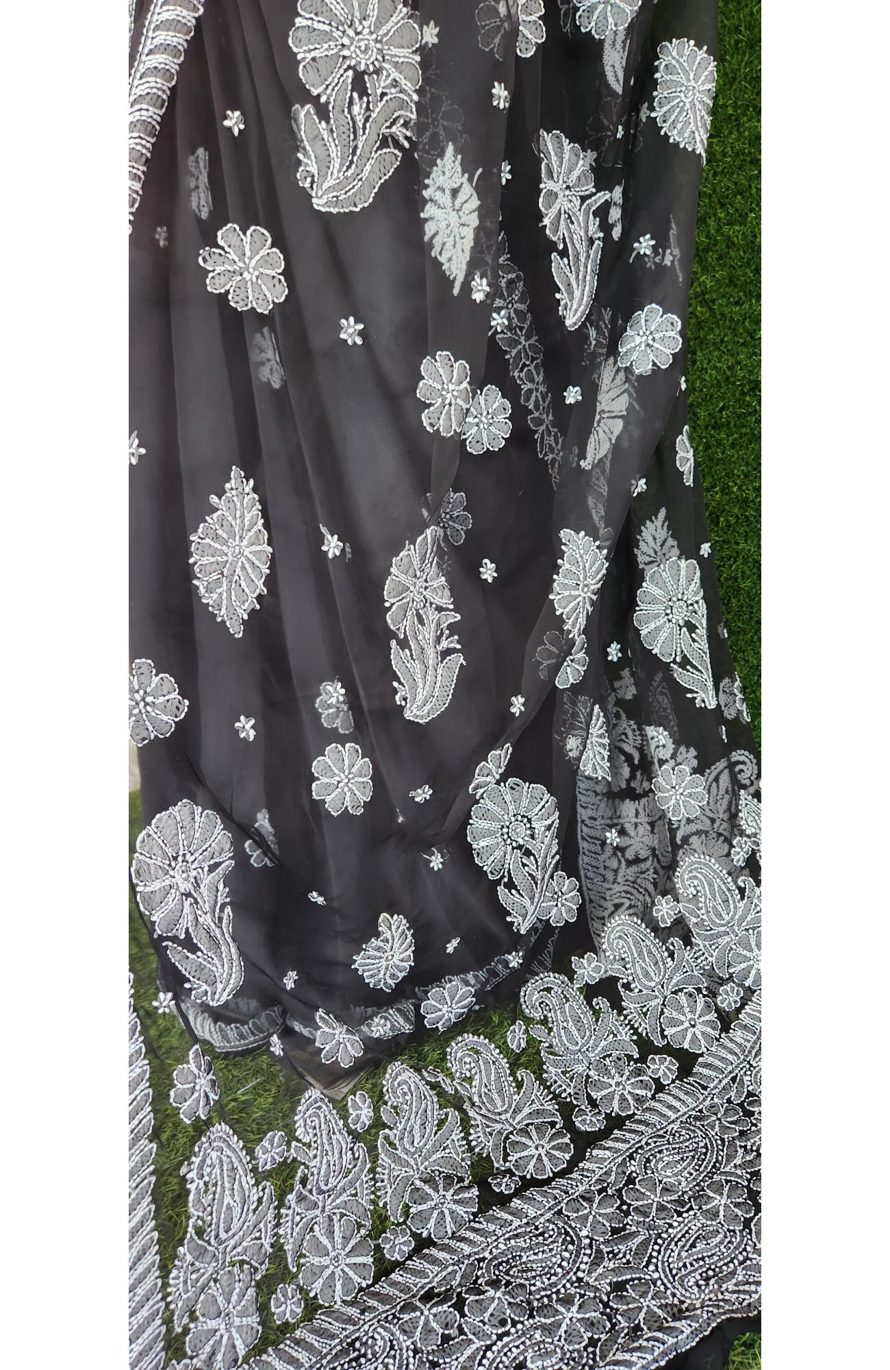 Black Faux Georgette Chikankari Saree – Hand Embroidered Lucknowi Elegance | Rohia By Chhangamal