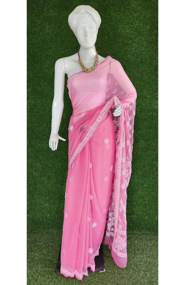 Image of Pink Faux Georgette Chikankari Saree