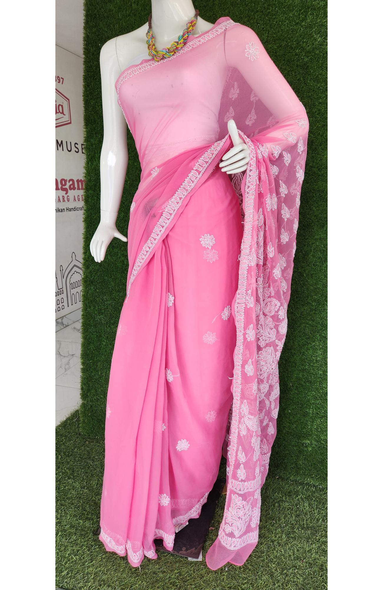 Pink Faux Georgette Chikankari Saree