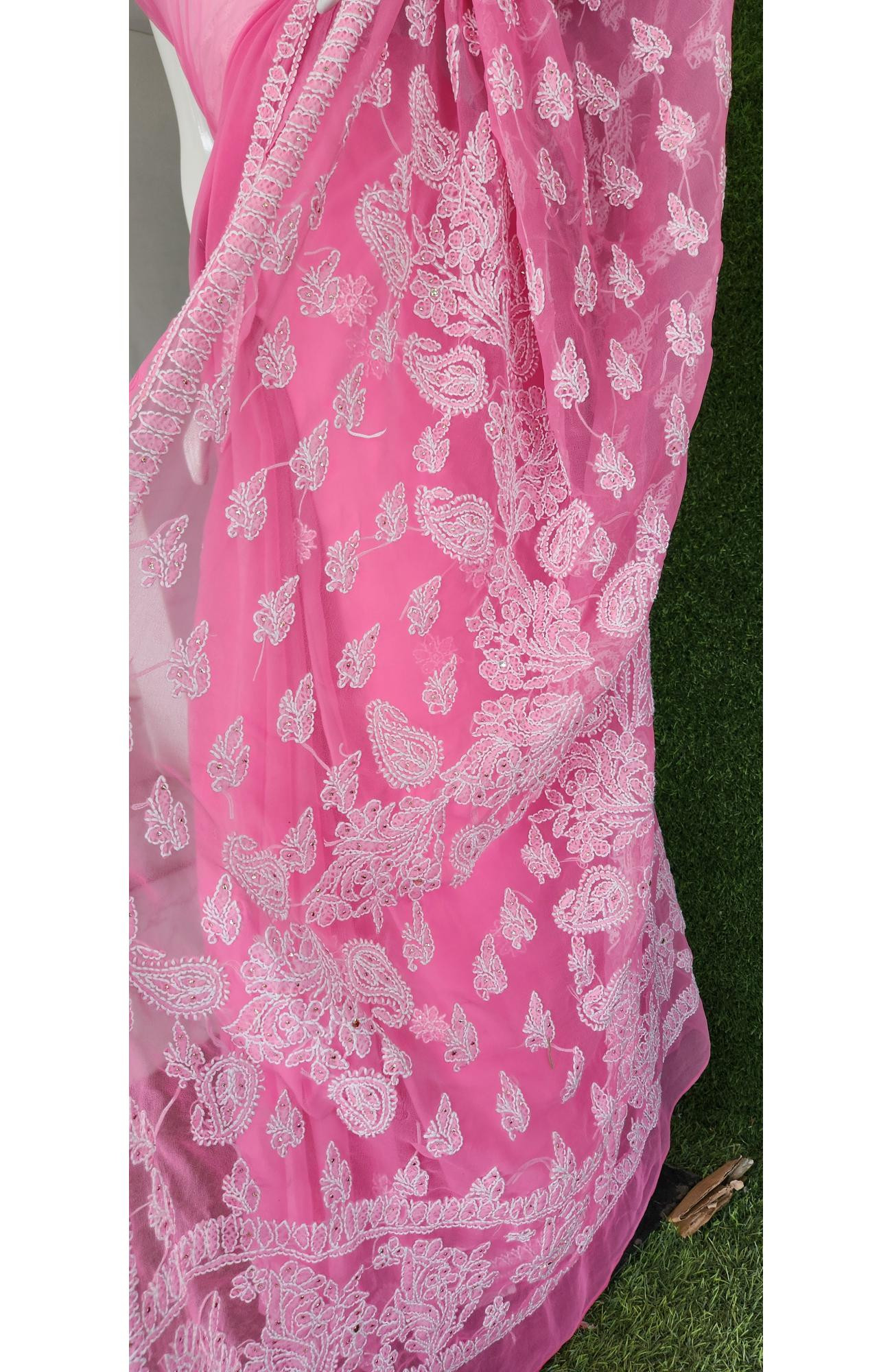 Pink Faux Georgette Chikankari Saree