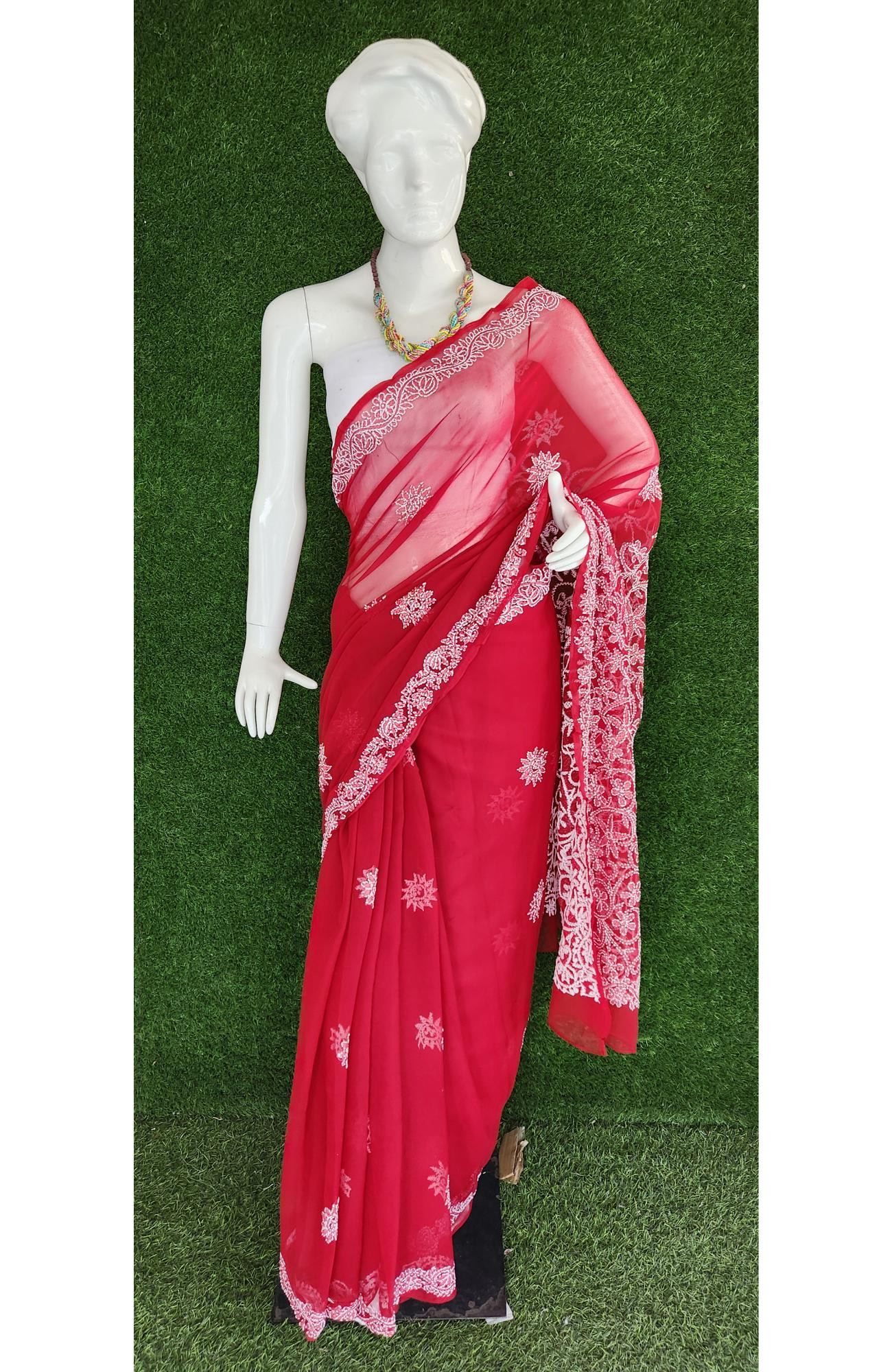Maroon Faux Georgette Chikankari Saree