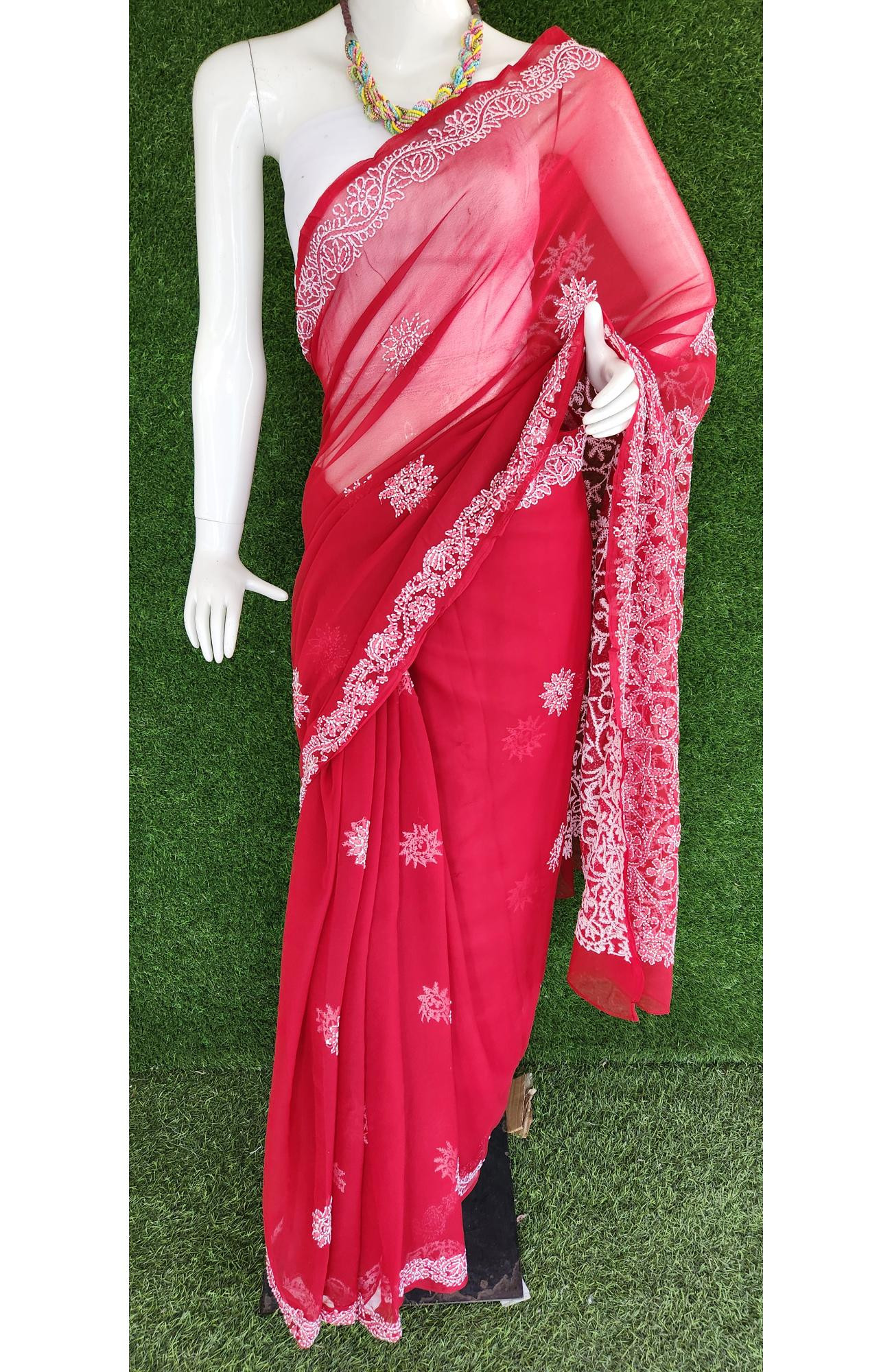 Maroon Faux Georgette Chikankari Saree