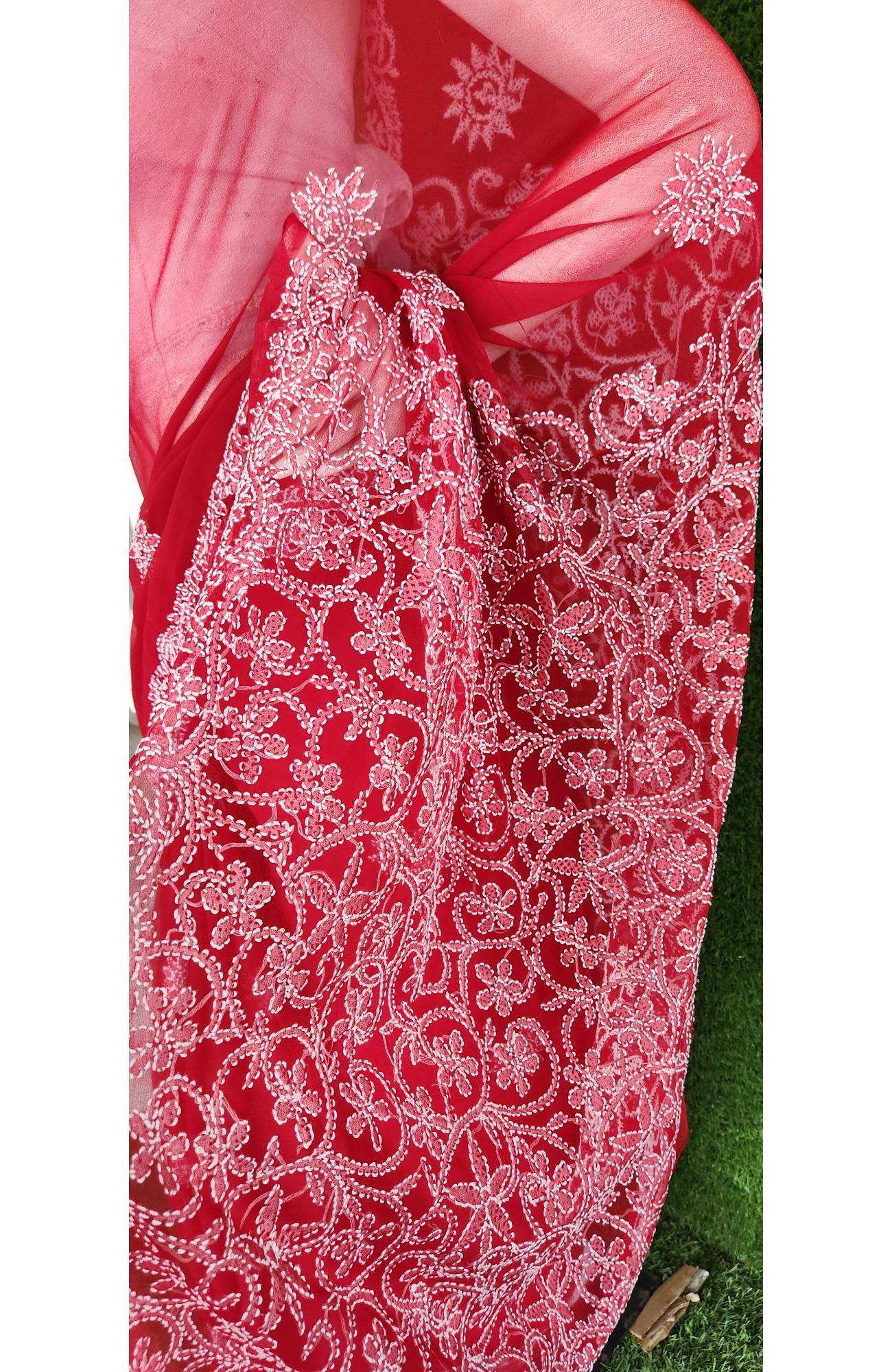 Maroon Faux Georgette Chikankari Saree