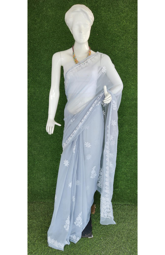 Image of Light Grey Faux Georgette Chikankari Saree – Hand Embroidered Lucknowi Chikan Saree | Rohia By Chhangamal