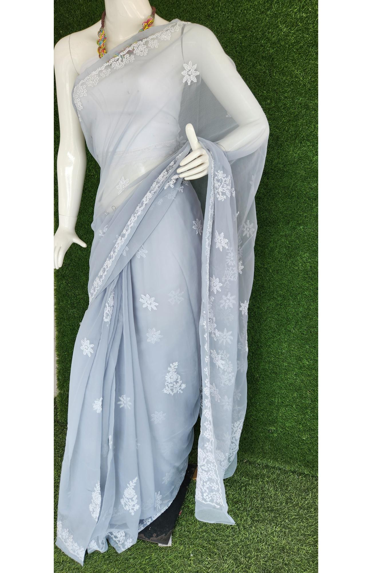 Light Grey Faux Georgette Chikankari Saree – Hand Embroidered Lucknowi Chikan Saree | Rohia By Chhangamal