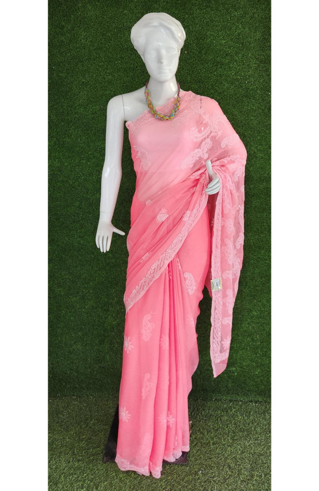 Image of Pink Faux Georgette Chikankari Saree