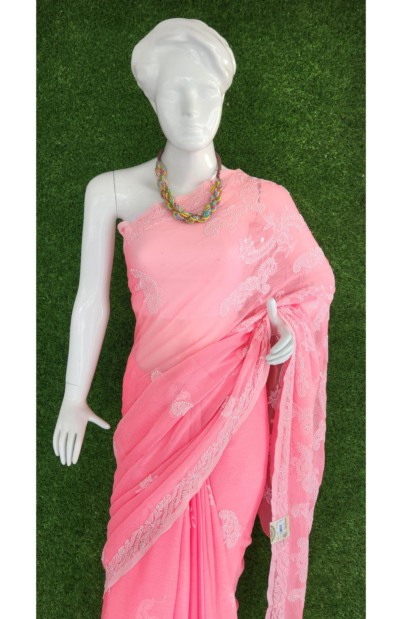 Pink Faux Georgette Chikankari Saree