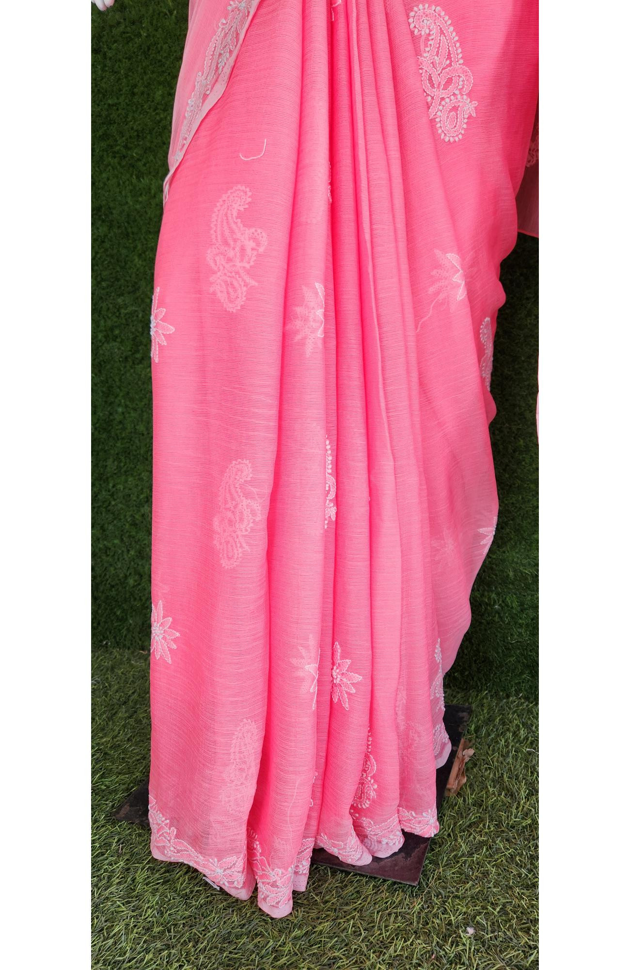 Pink Faux Georgette Chikankari Saree