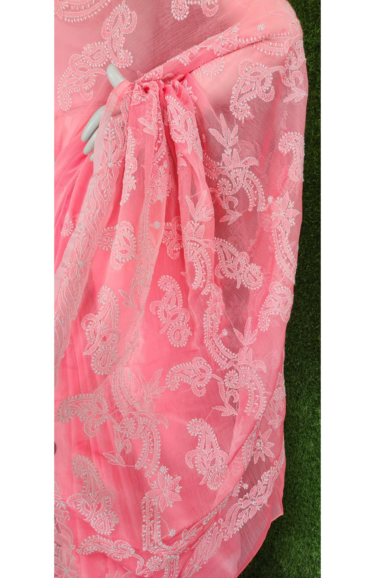 Pink Faux Georgette Chikankari Saree
