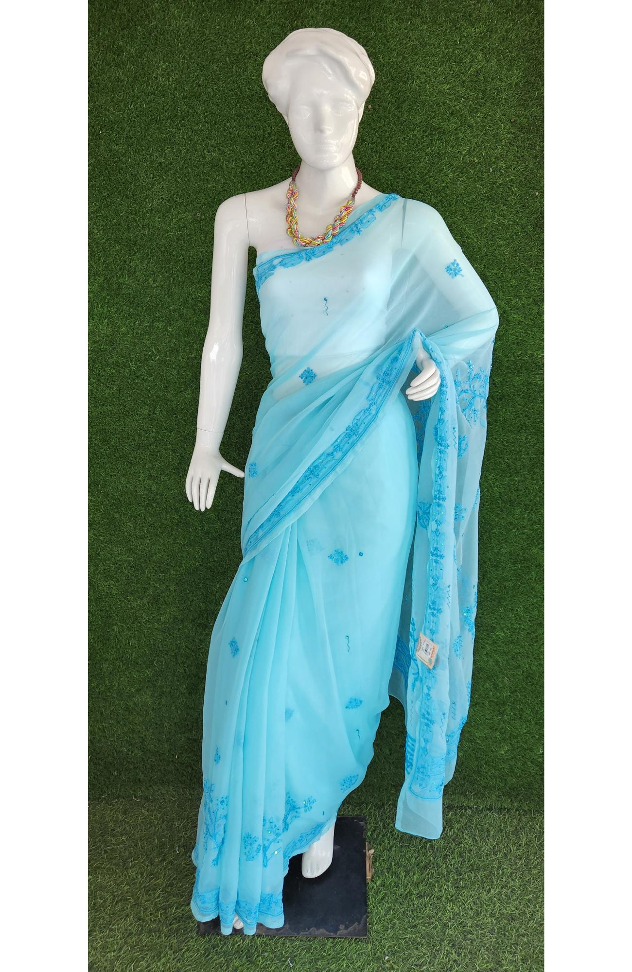 Blue Faux Georgette Chikankari Saree