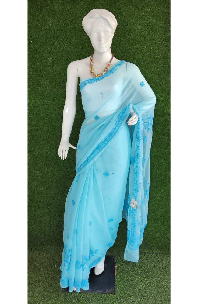 Image of Blue Faux Georgette Chikankari Saree