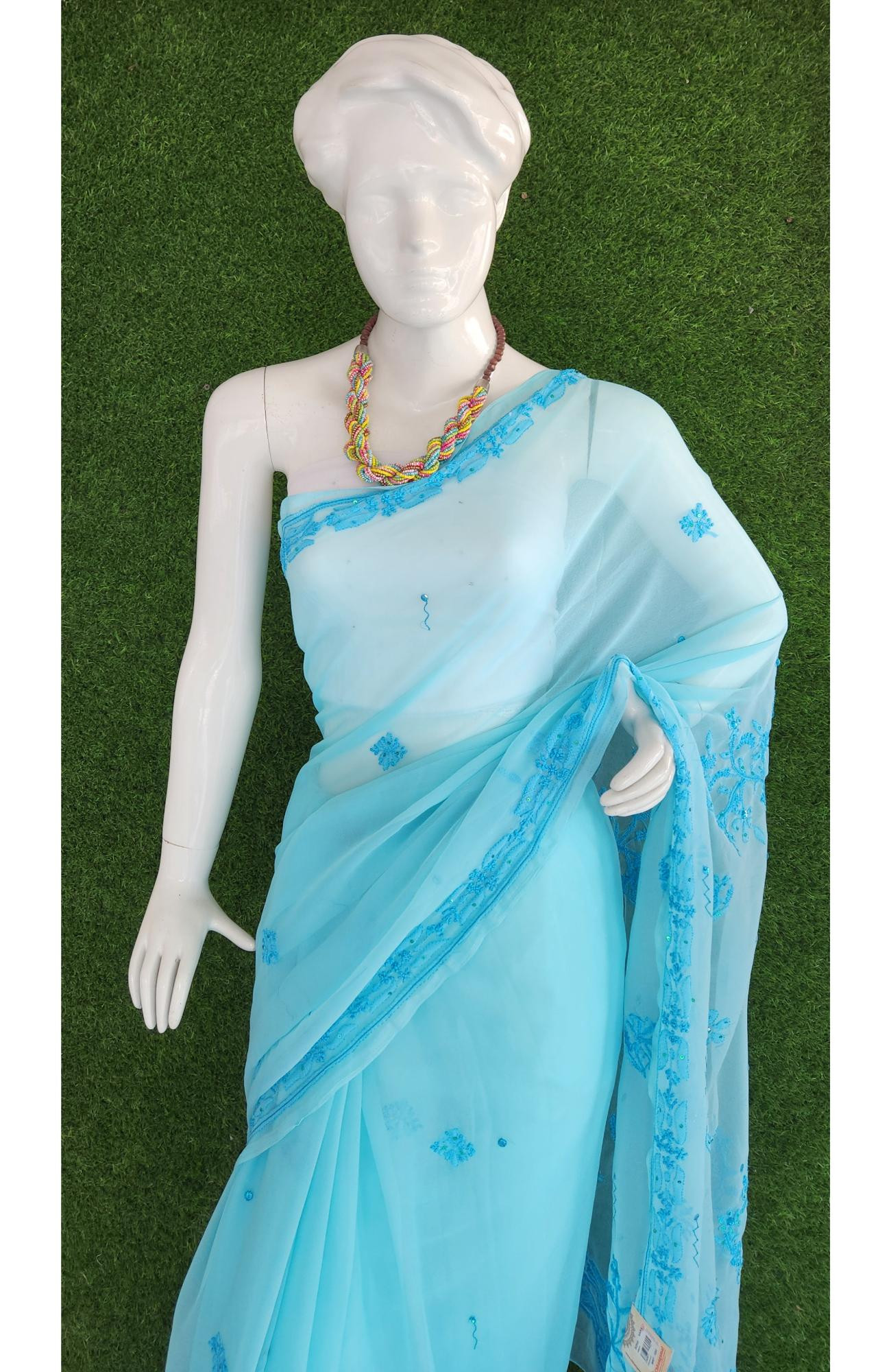 Blue Faux Georgette Chikankari Saree