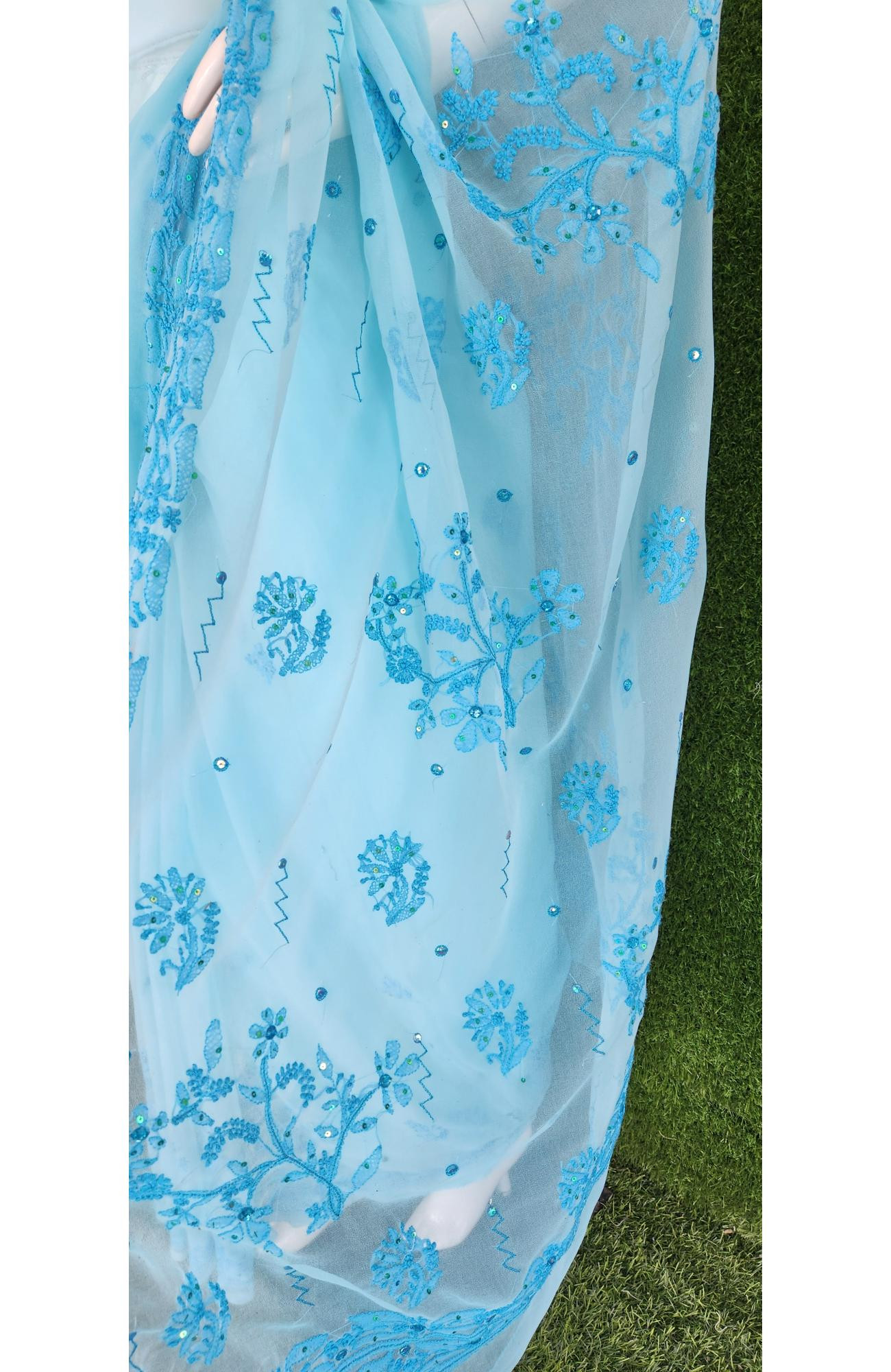 Blue Faux Georgette Chikankari Saree