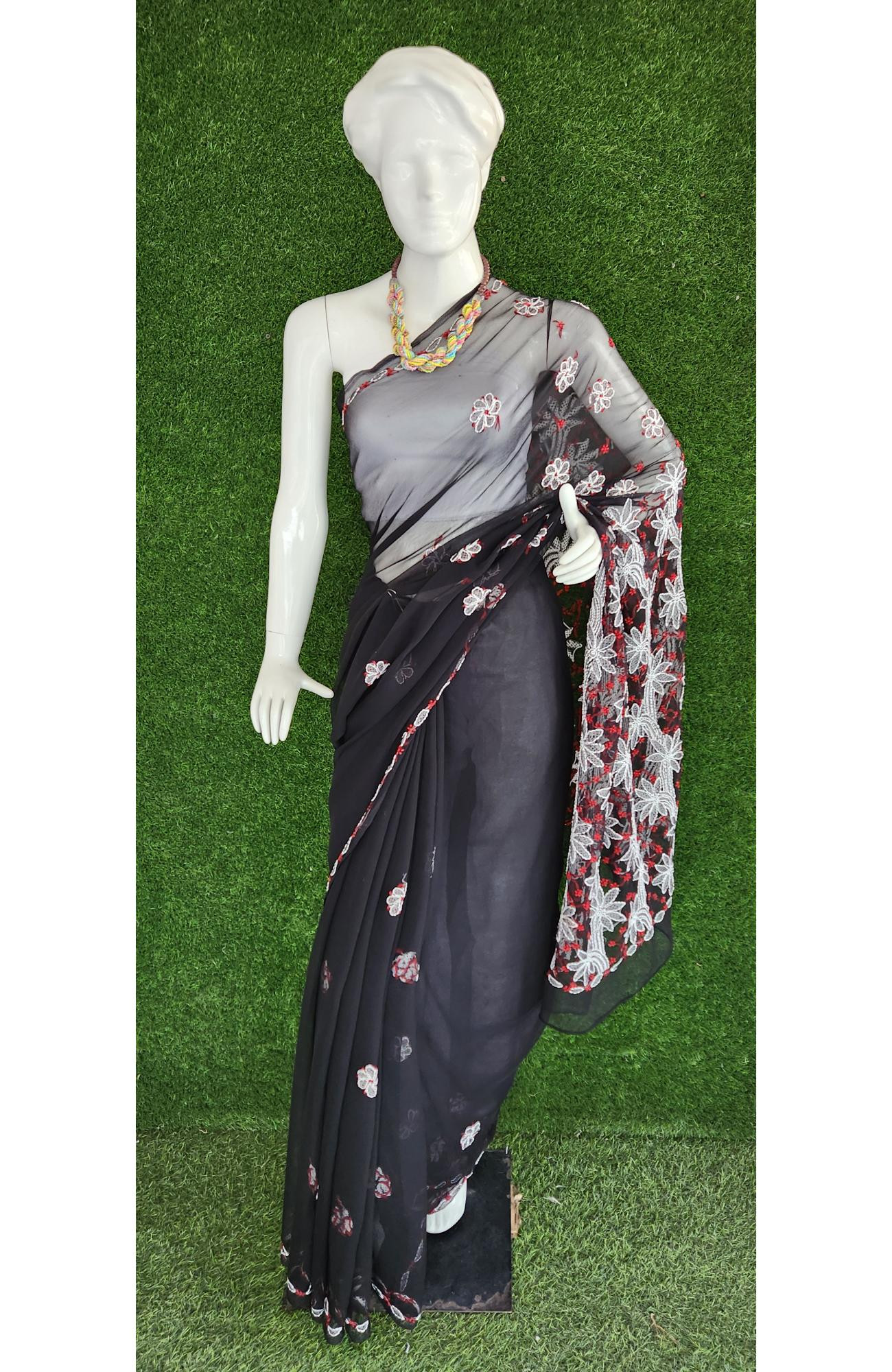 Black Faux Georgette Chikankari Saree