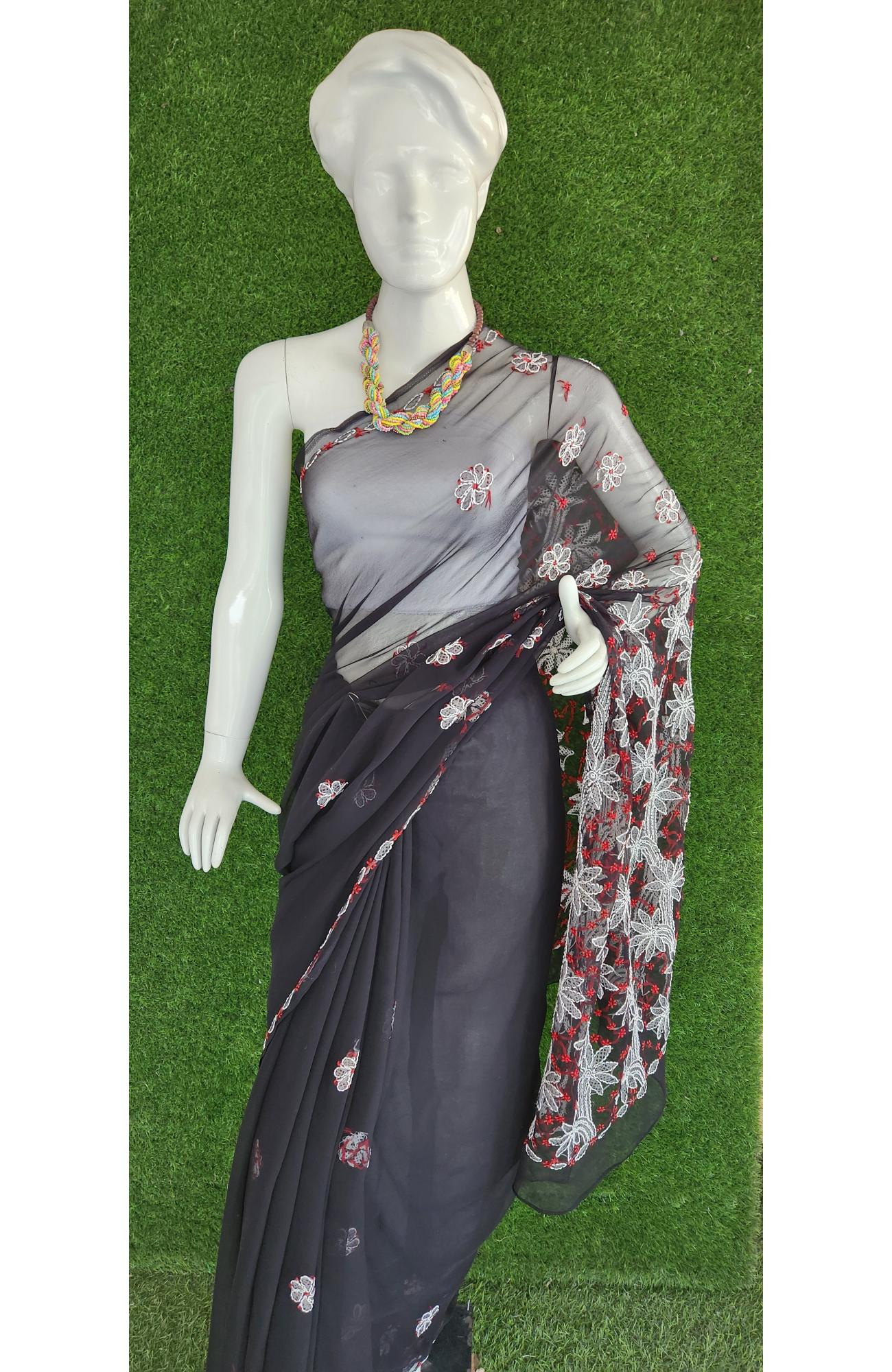 Black Faux Georgette Chikankari Saree