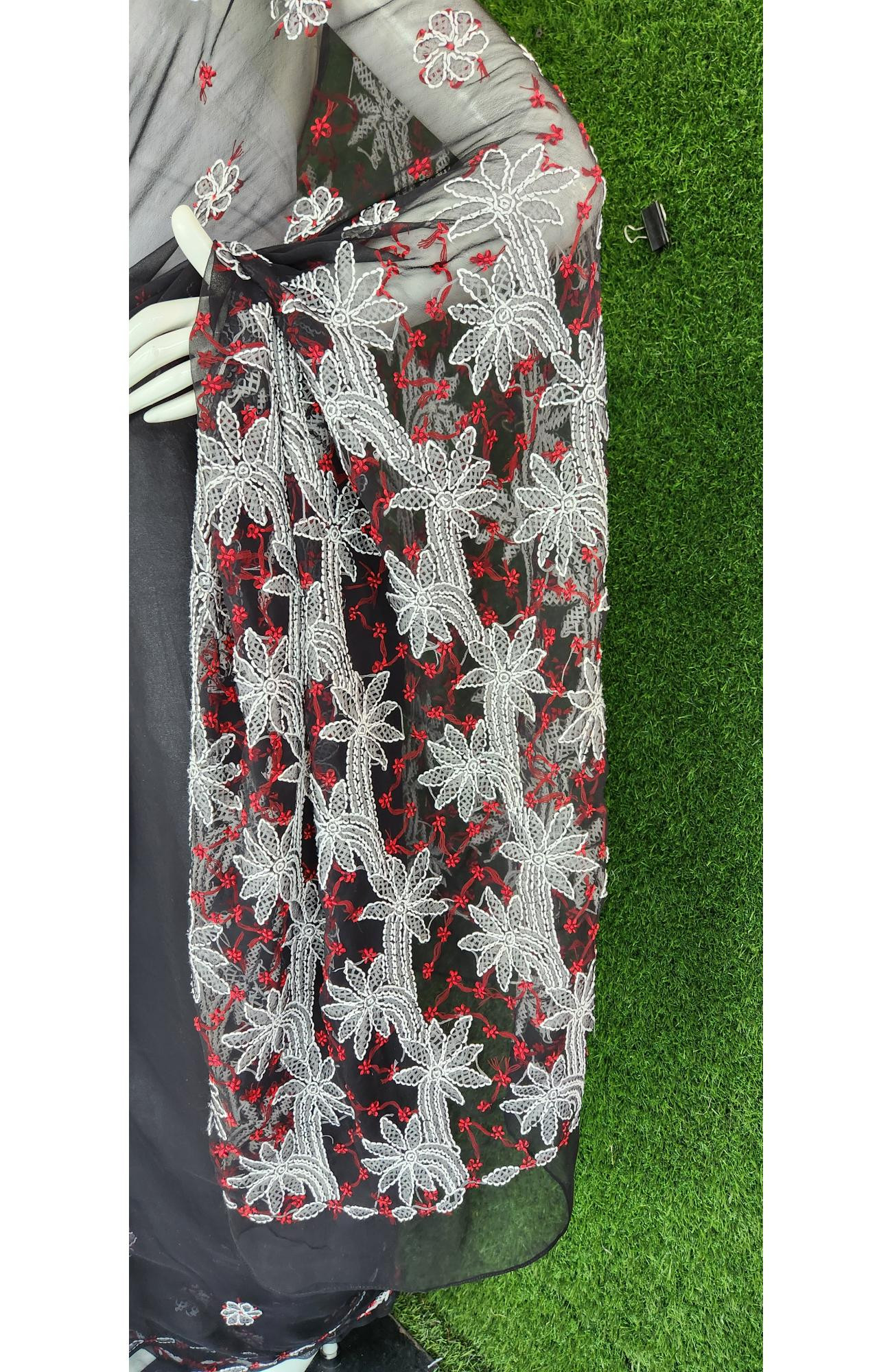 Black Faux Georgette Chikankari Saree