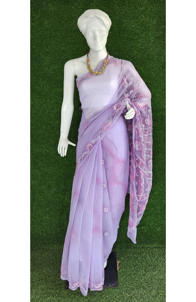 Image of Purple Faux Georgette Chikankari Saree
